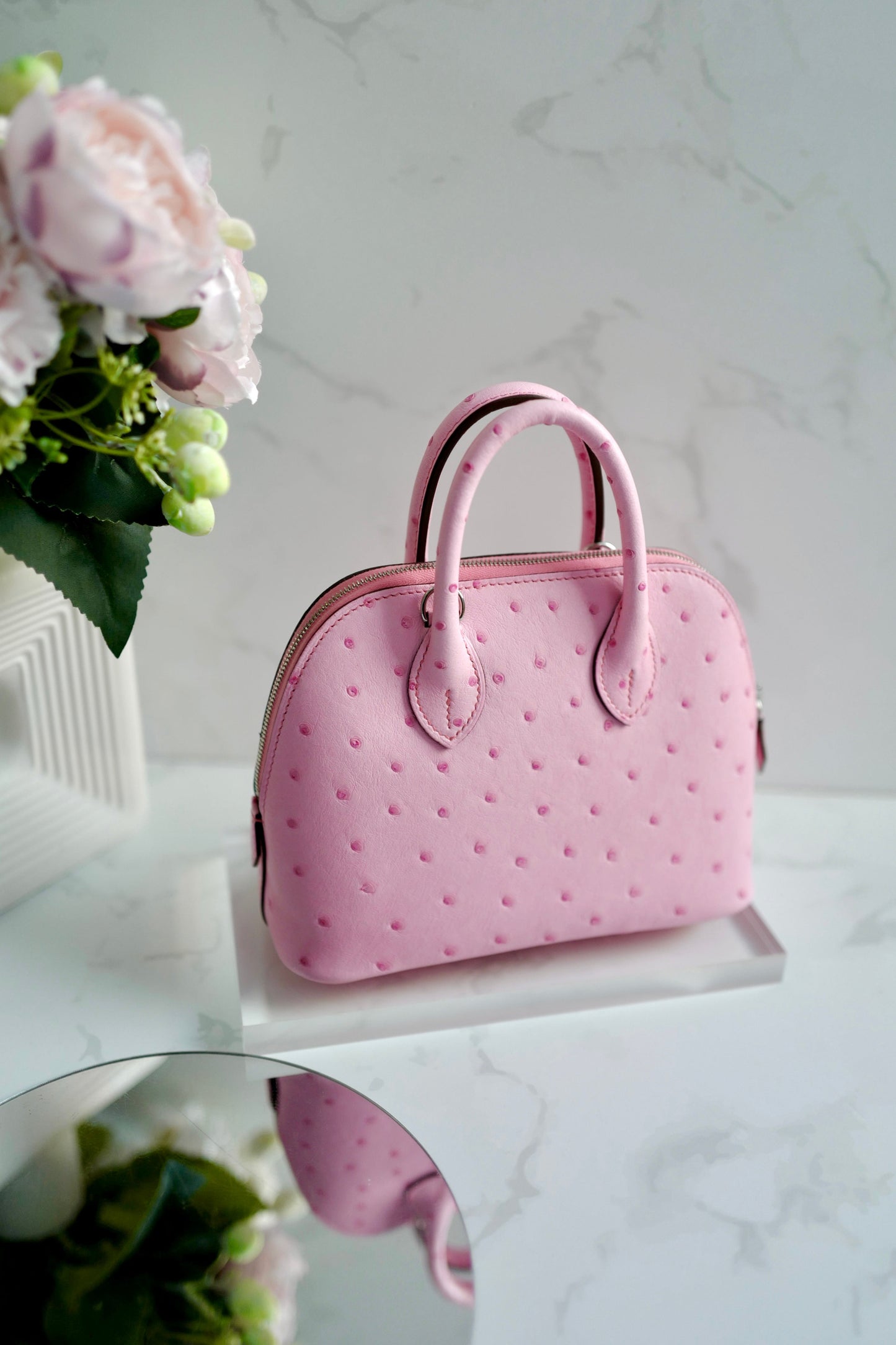 BNIB Hermes Bolide 1923 Mini Ostrich Rose Bubblegum 5P Pink With Crossbody Strap