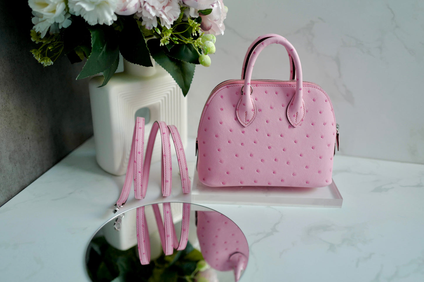 BNIB Hermes Bolide 1923 Mini Ostrich Rose Bubblegum 5P Pink With Crossbody Strap