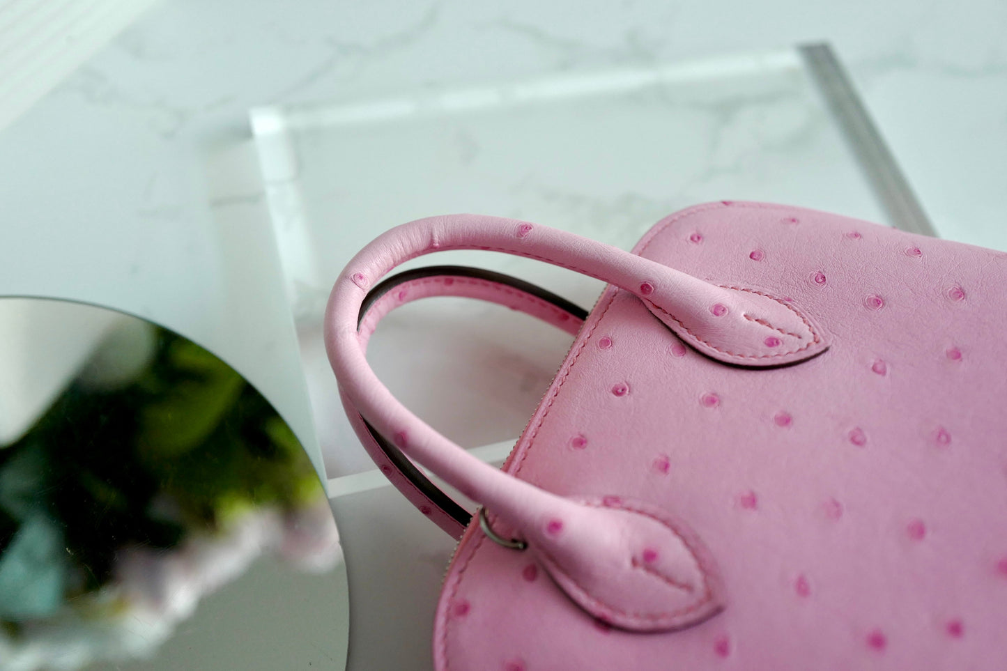 BNIB Hermes Bolide 1923 Mini Ostrich Rose Bubblegum 5P Pink With Crossbody Strap