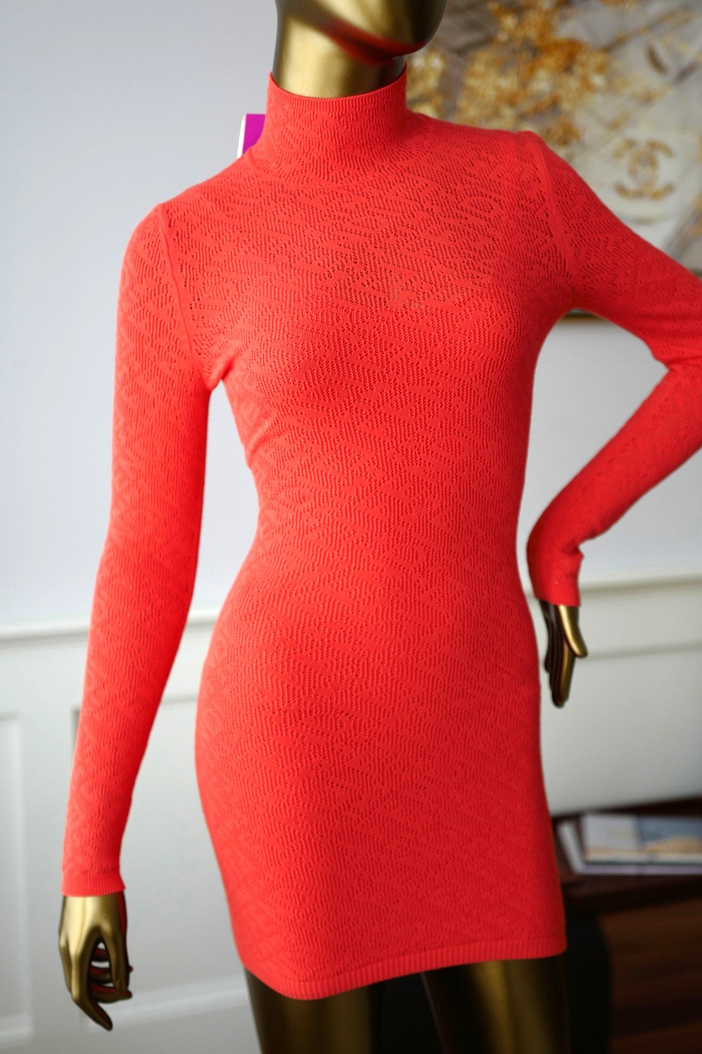 Fendi Mesh Print Logo Dress in Coral size 36 Limited Edition NEW