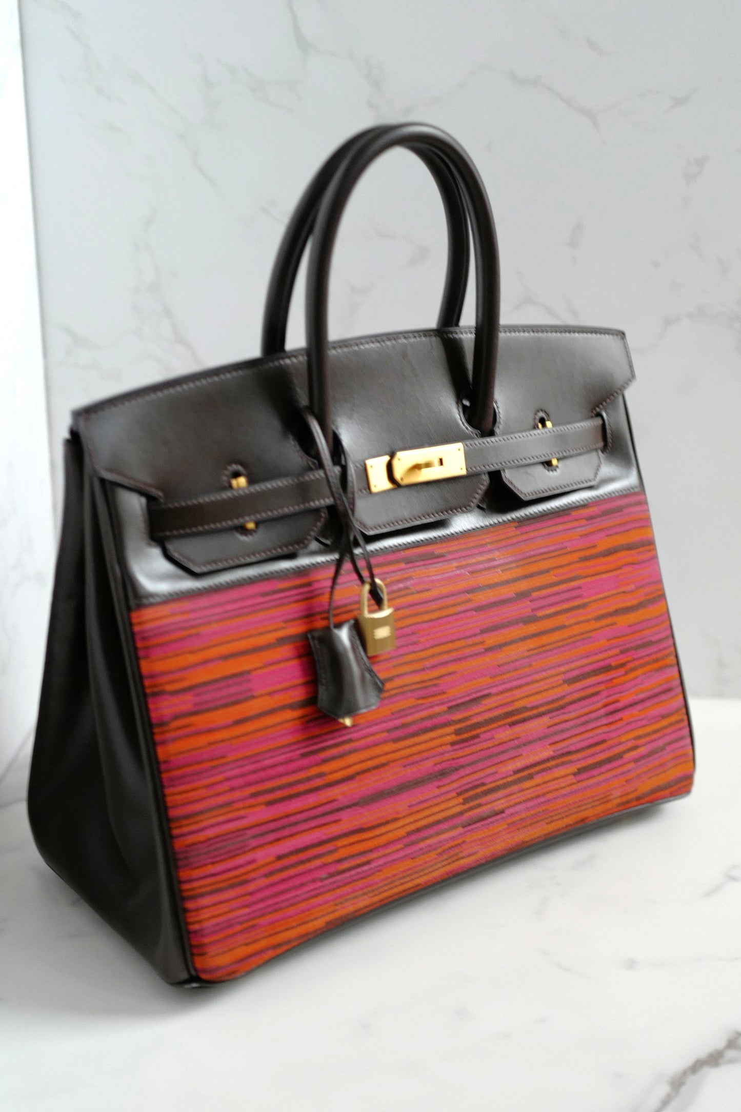 HERMES Birkin 35 Vibrato In Orange/Fuchsia With Havanne In Box Calfskin Gold HW