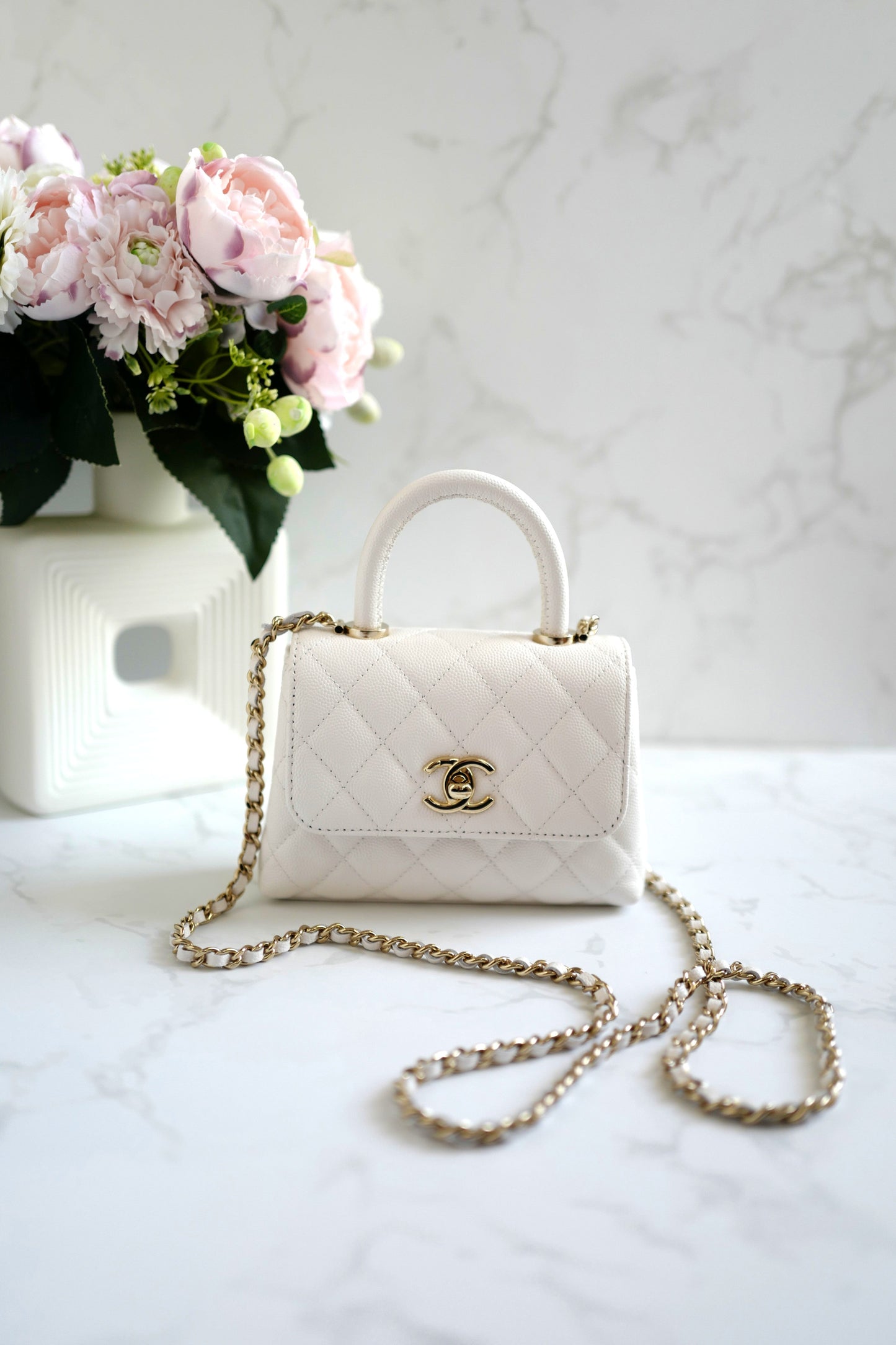 BNIB Chanel 25P Nano Coco Handle Bag – White Caviar Leather Champagne Gold Hw