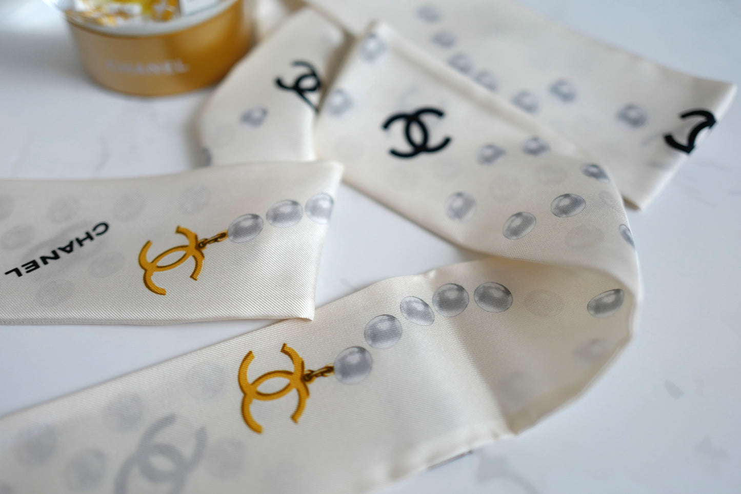 BNIB Chanel SS25 25P Silk Twill Scarf in White w/ Pearl Accents