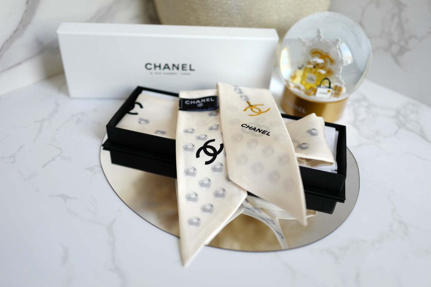 BNIB Chanel SS25 25P Silk Twill Scarf in White w/ Pearl Accents