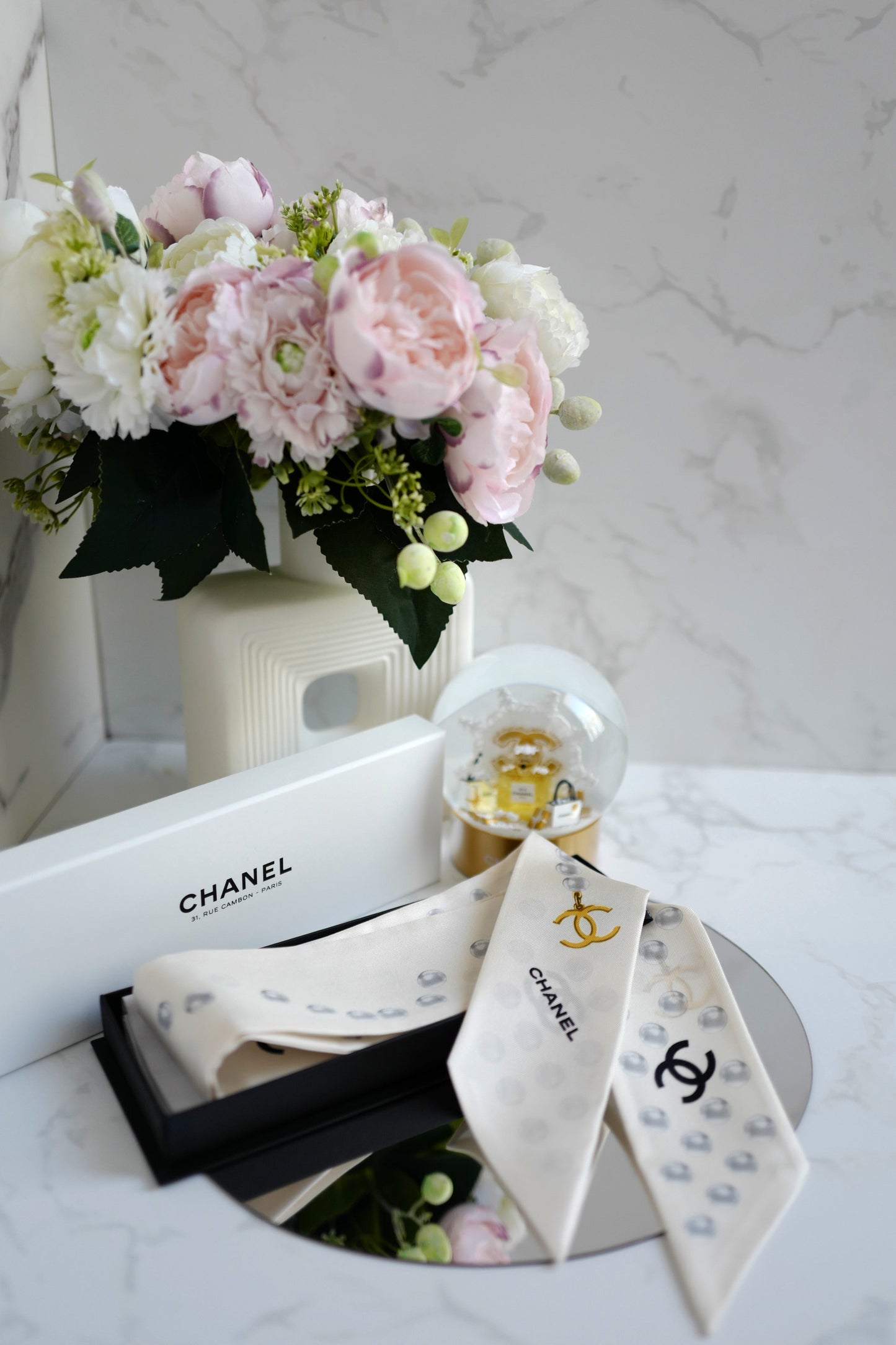 BNIB Chanel SS25 25P Silk Twill Scarf in White w/ Pearl Accents