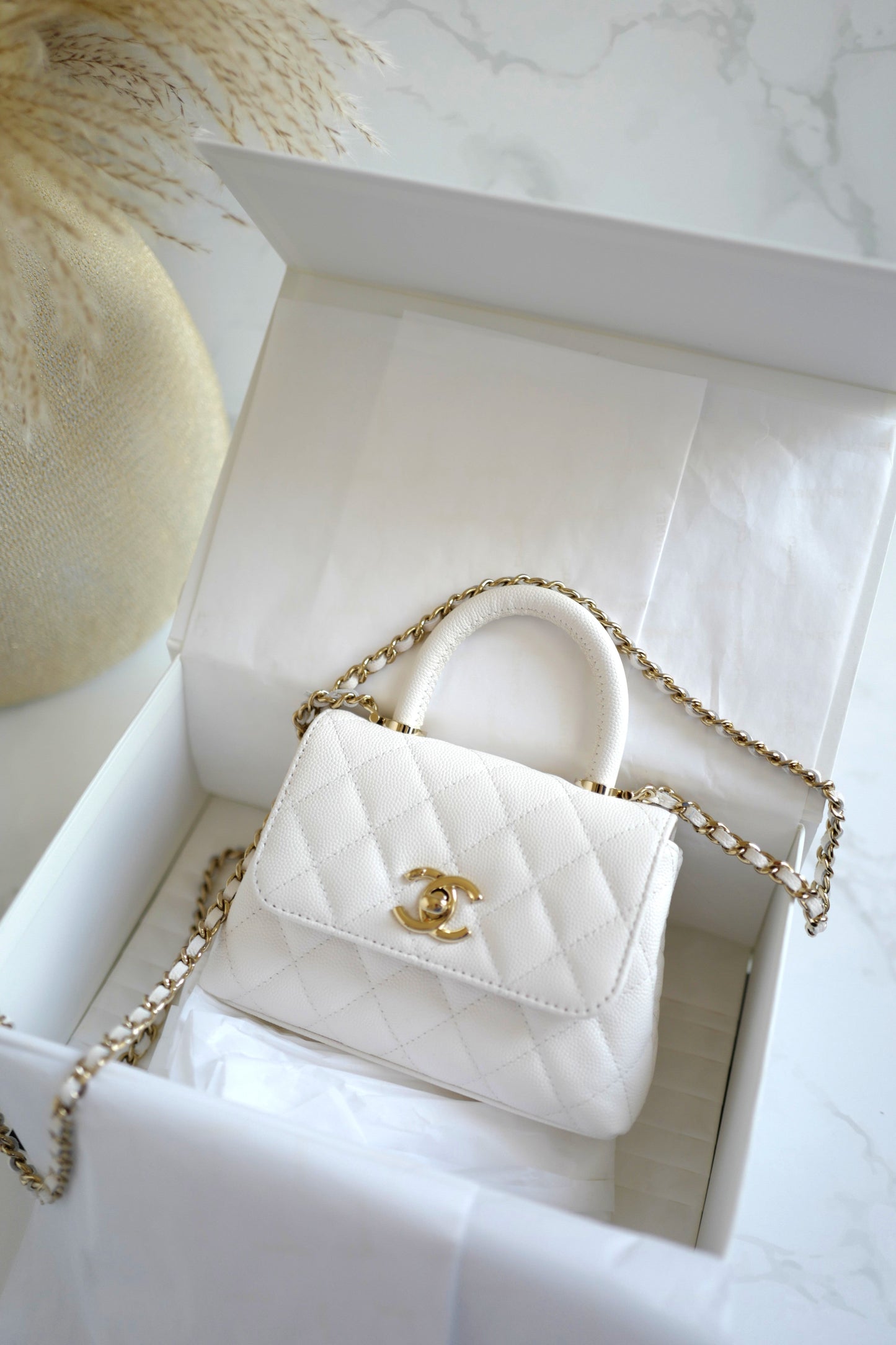 BNIB Chanel 25P Nano Coco Handle Bag – White Caviar Leather Champagne Gold Hw