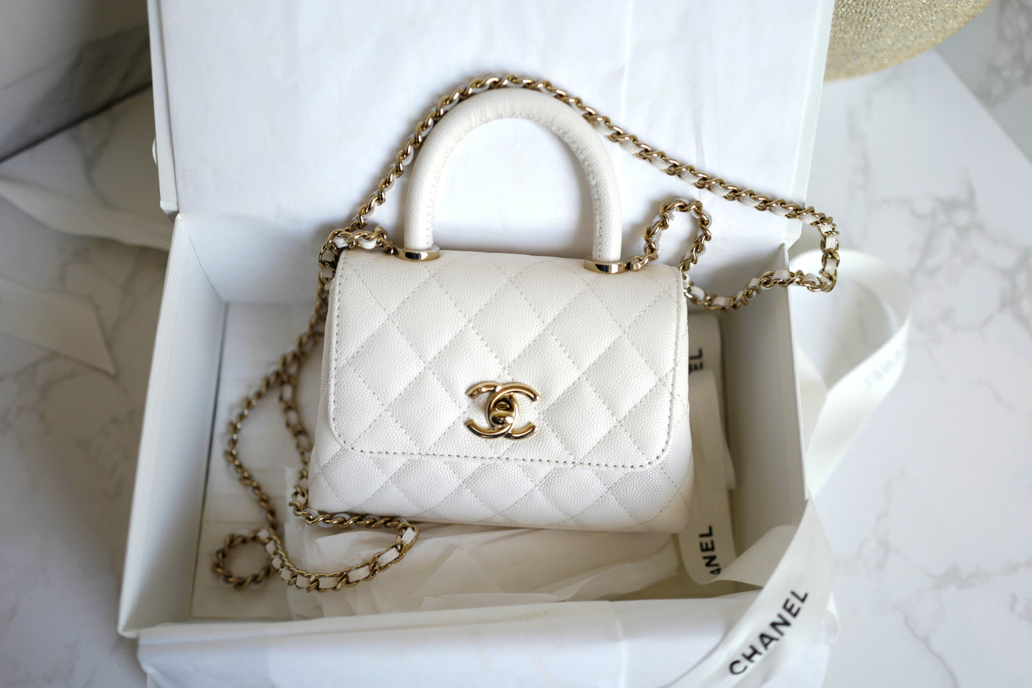 BNIB Chanel 25P Nano Coco Handle Bag – White Caviar Leather Champagne Gold Hw