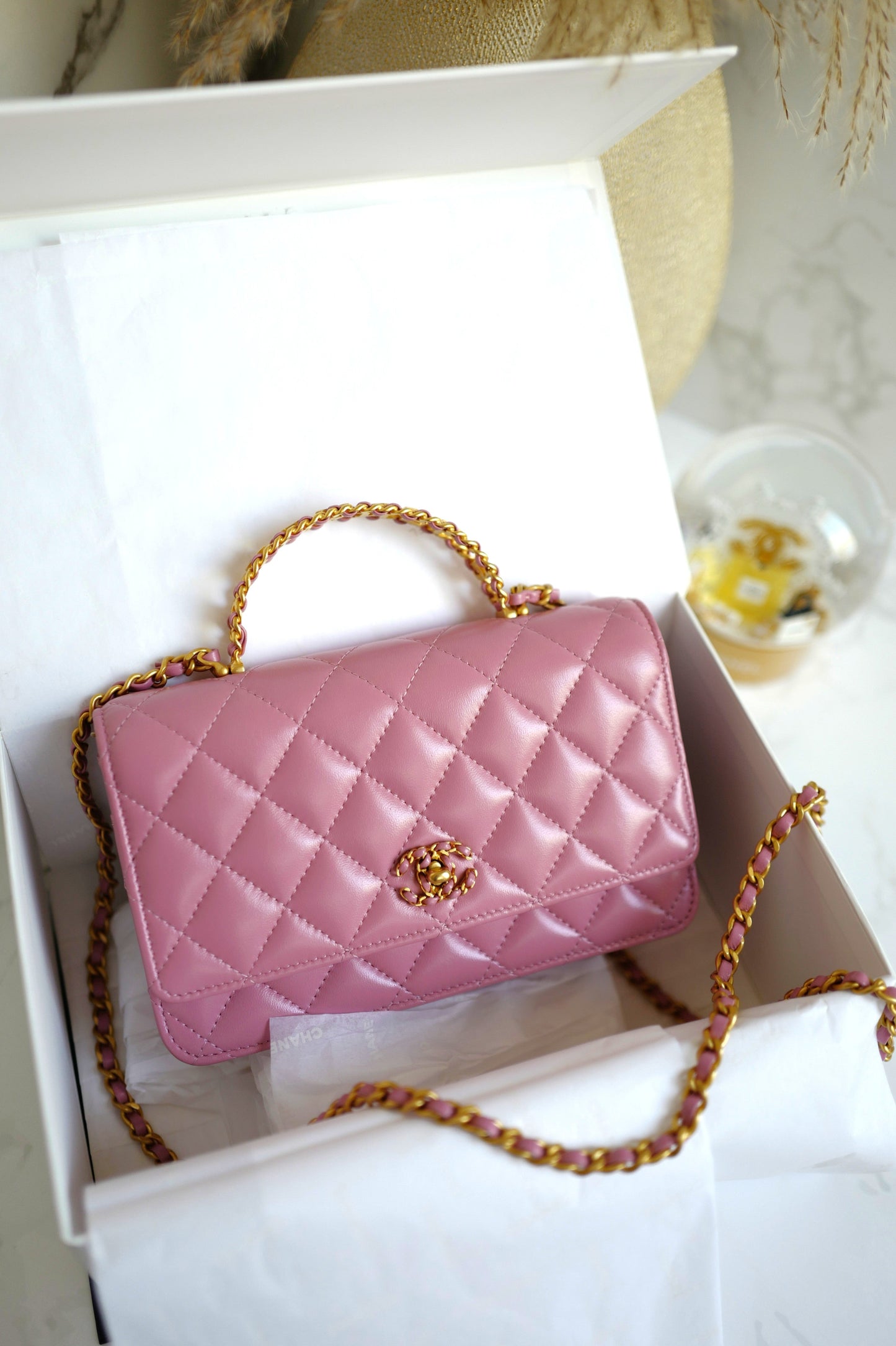 BNIB Chanel O-Mini Top Handle Bag in Pink with Crystal-Embellished Logo Gold HW