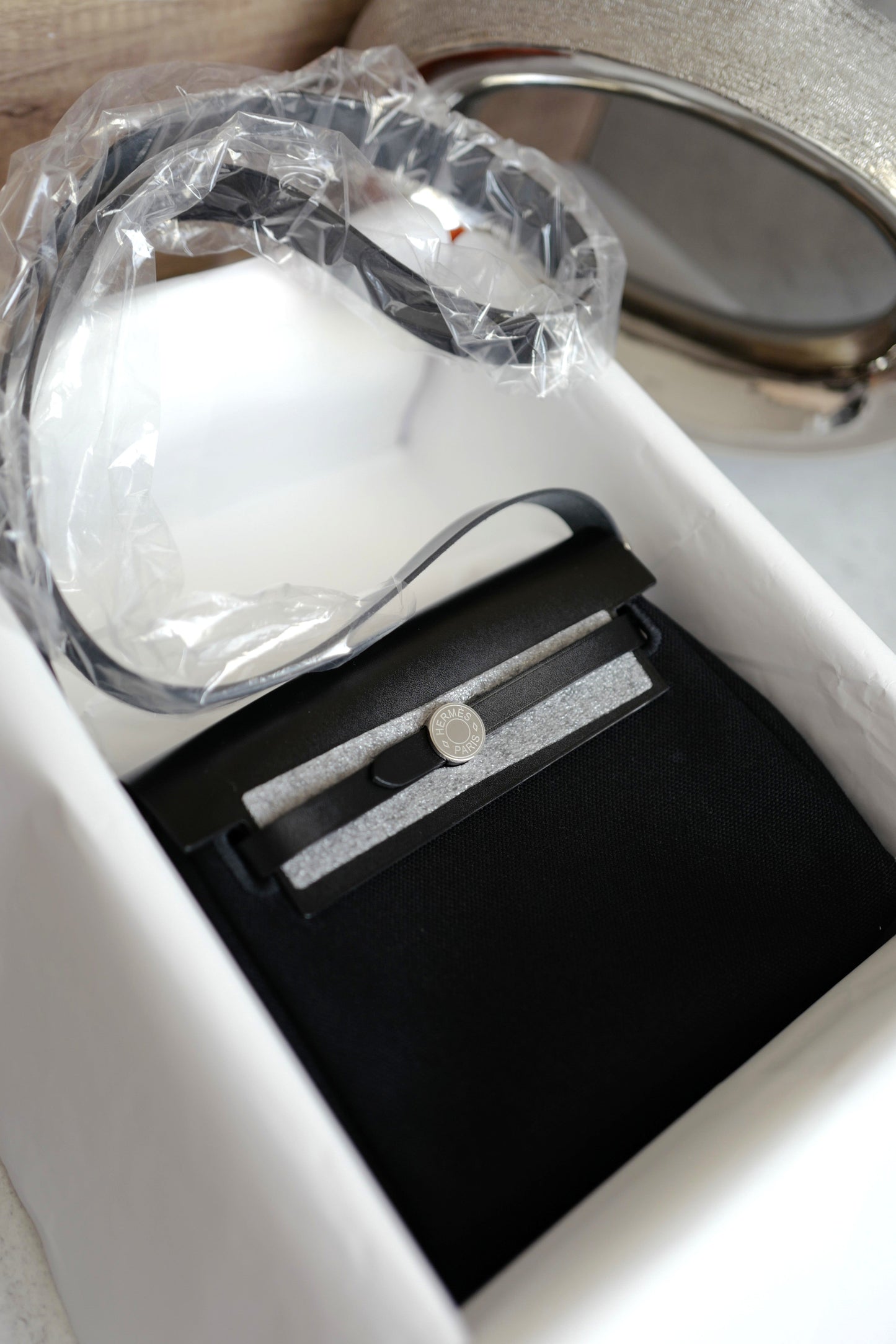 BNIB Hermes Mini Herbag In Black on Black W with Palladium hardware Crossbody
