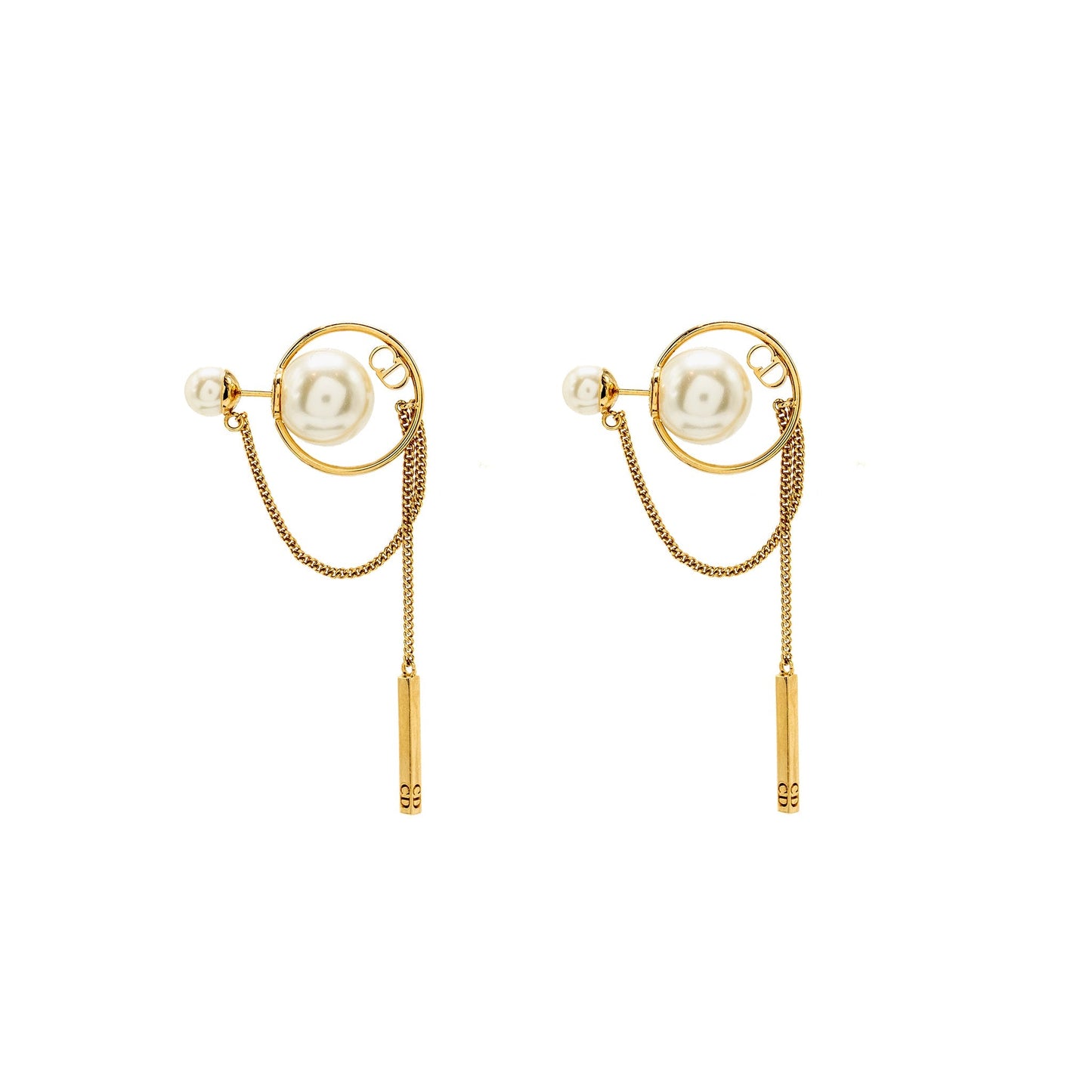 Dior Tribales Dangle Chain Earrings Pearl Gold Tone
