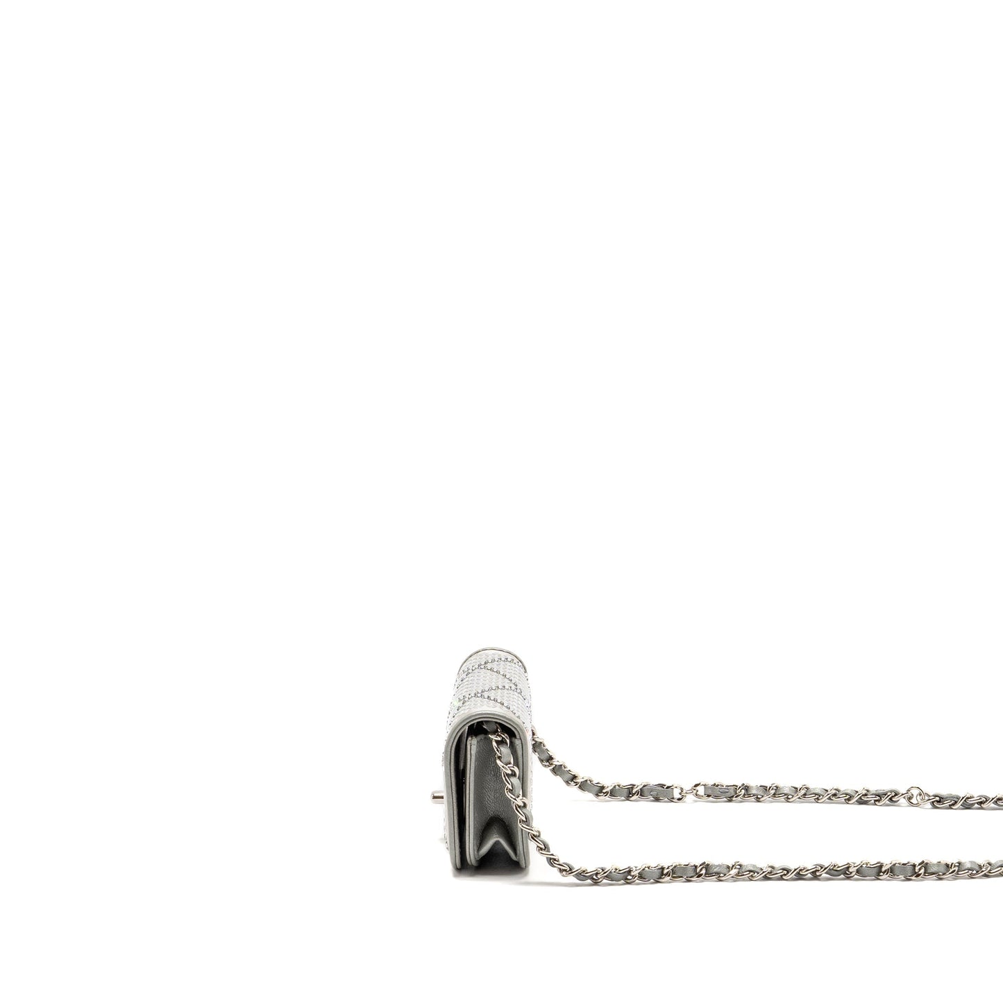 Chanel 22A Mini Studded Chain Belt Bag with Crystal Metallic Lambskin Silver SHW (Microchip)