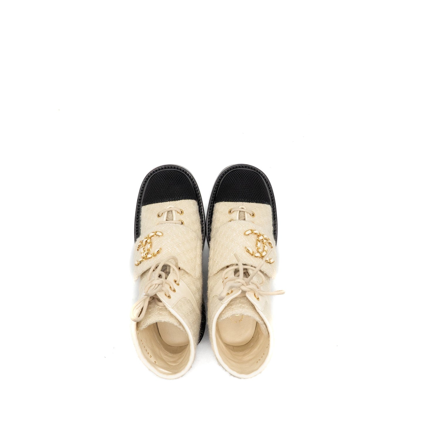 Chanel Size 36.5 22K Lace-Ups Wool Tweed/Fabric Ivory/Black GHW