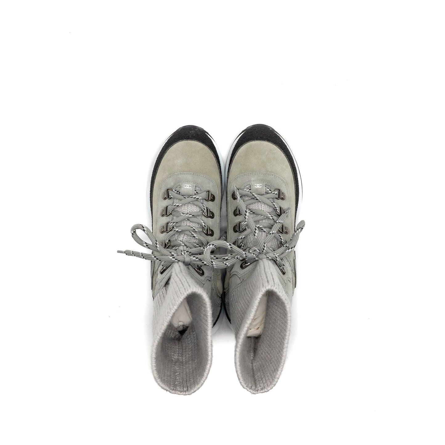Chanel Size 37.5 21K CC Sneakers Suede Calfskin/Knit Grey/Dark Grey/Light Grey SHW
