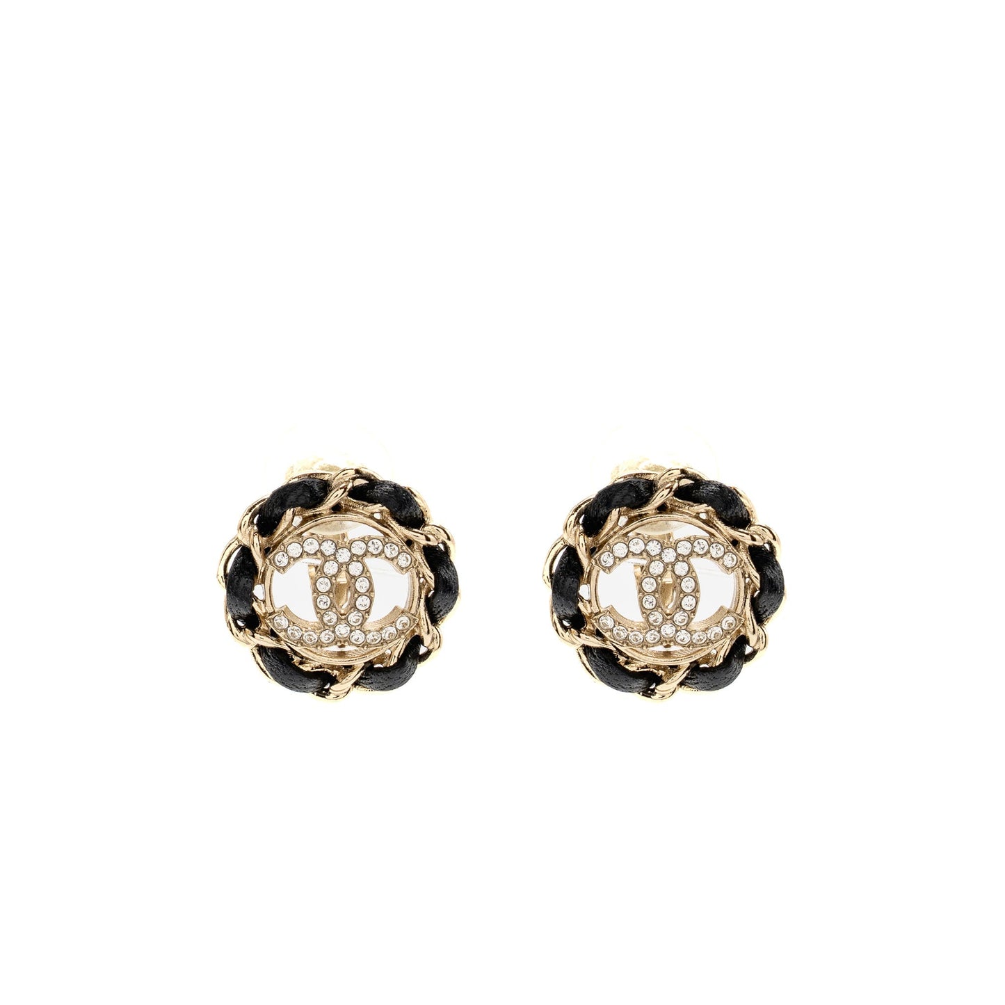 Chanel leather chain round cc logo ear clips light gold tone