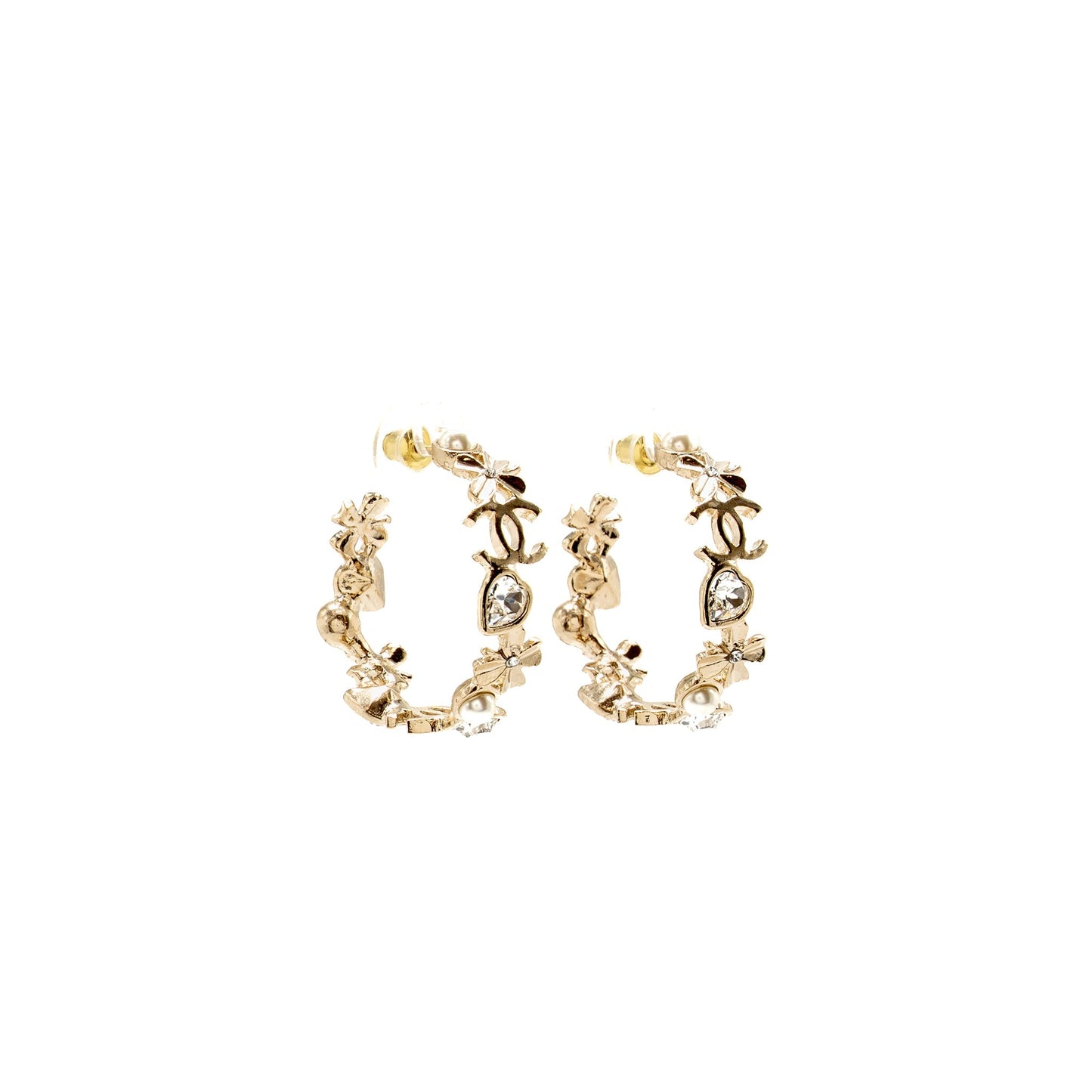 Chanel 22S Hoop Earrings Crystal/Pearl Light Gold Tone
