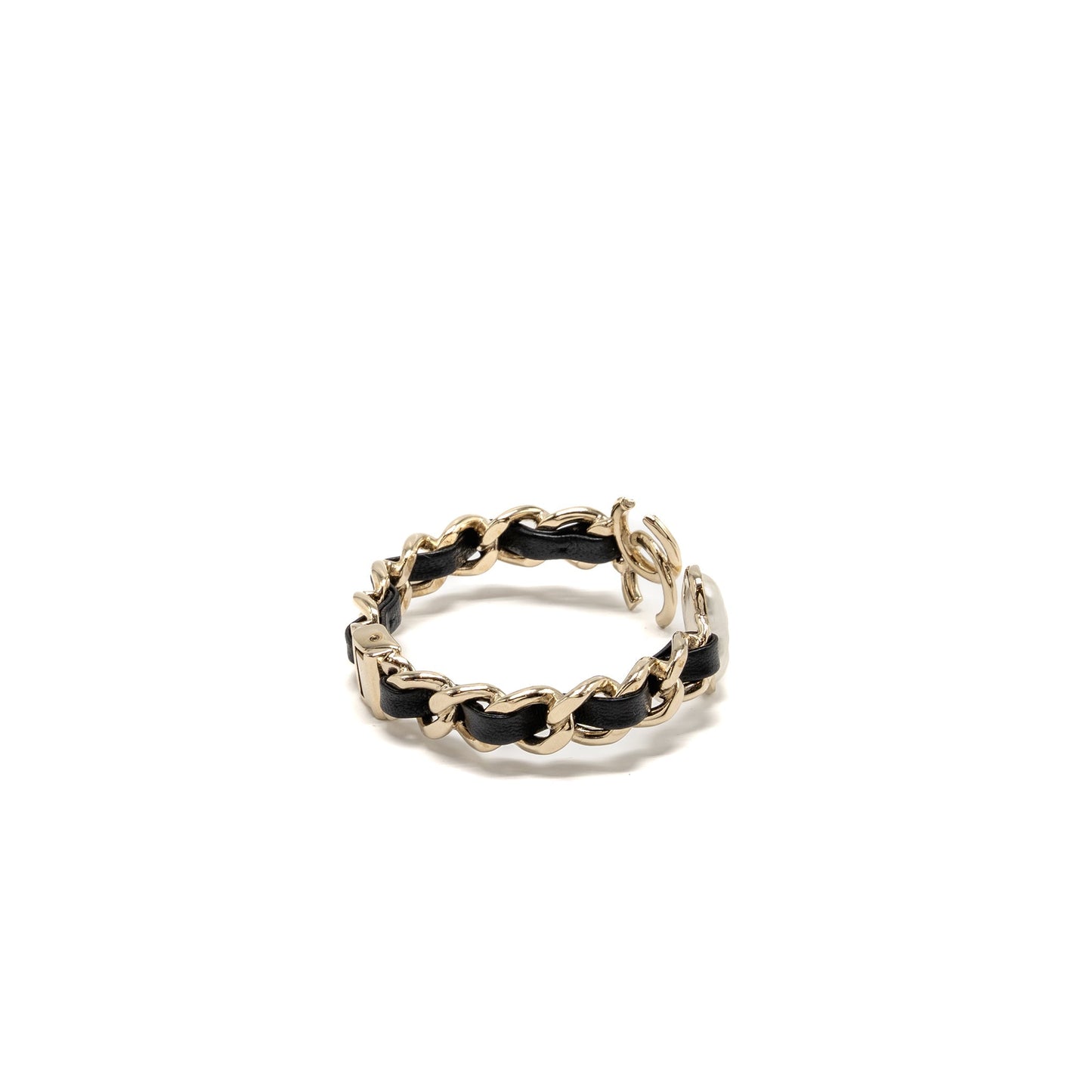Chanel CC Heart Cuff Bracelet Pearl/Leather Light Gold Tone