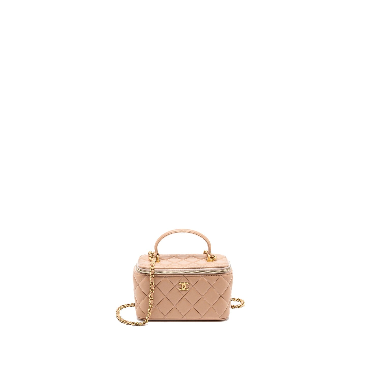 Chanel Top Handle Long Vanity With Chain Lambskin Beige Brushed GHW