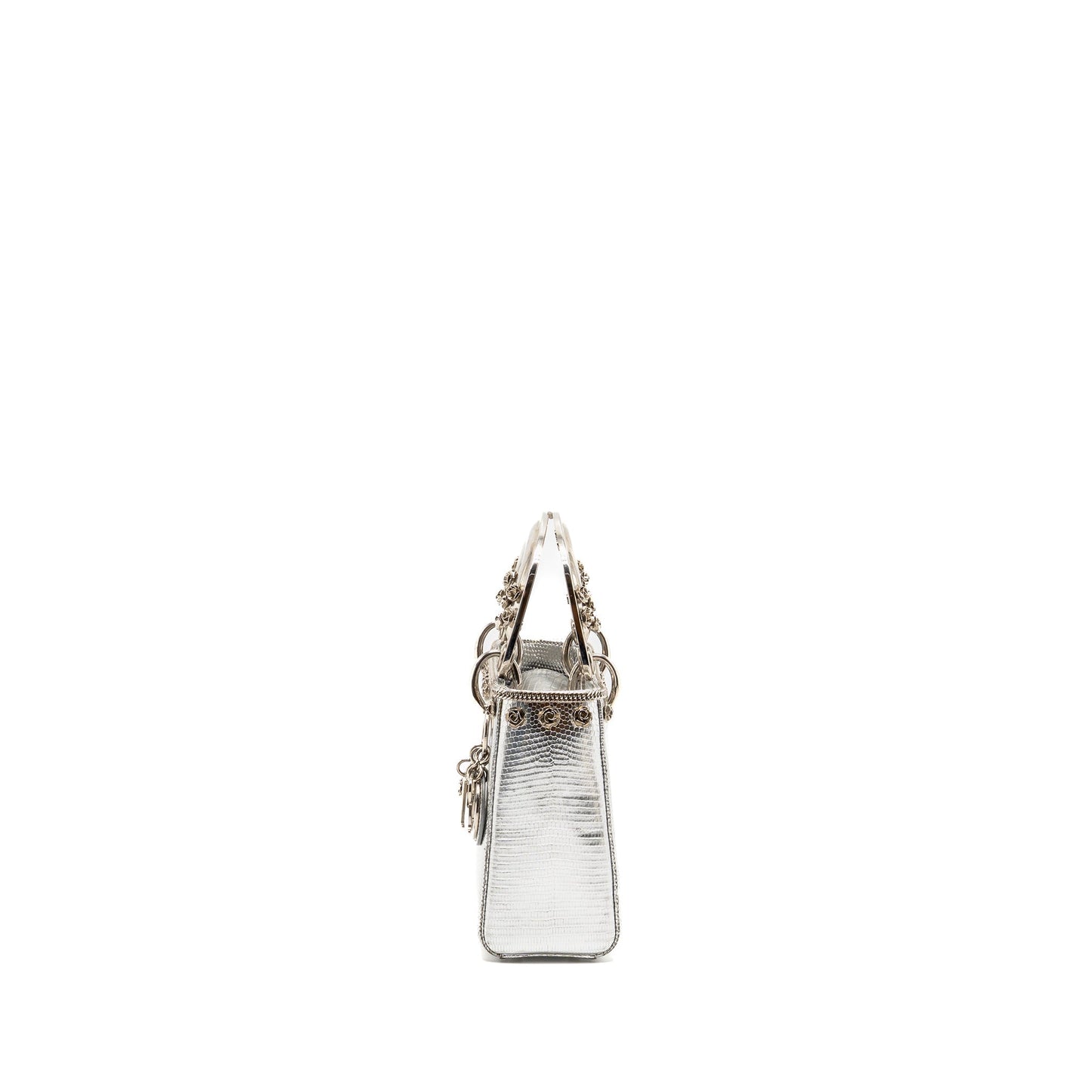 Dior Mini Lady Dior Flower Studded Metal Handle Lizard Silver SHW