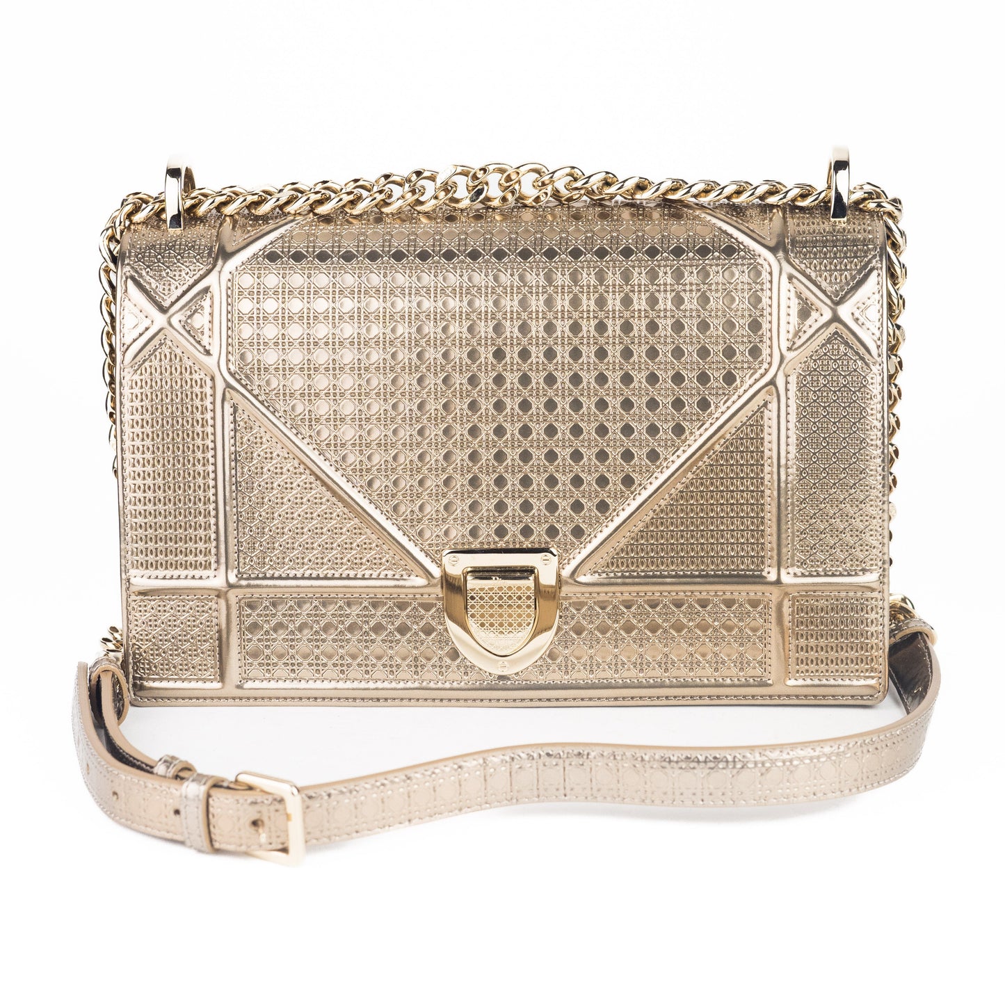Dior Metallic Patent Micro-Cannage Medium Diorama Flap Bag Gold