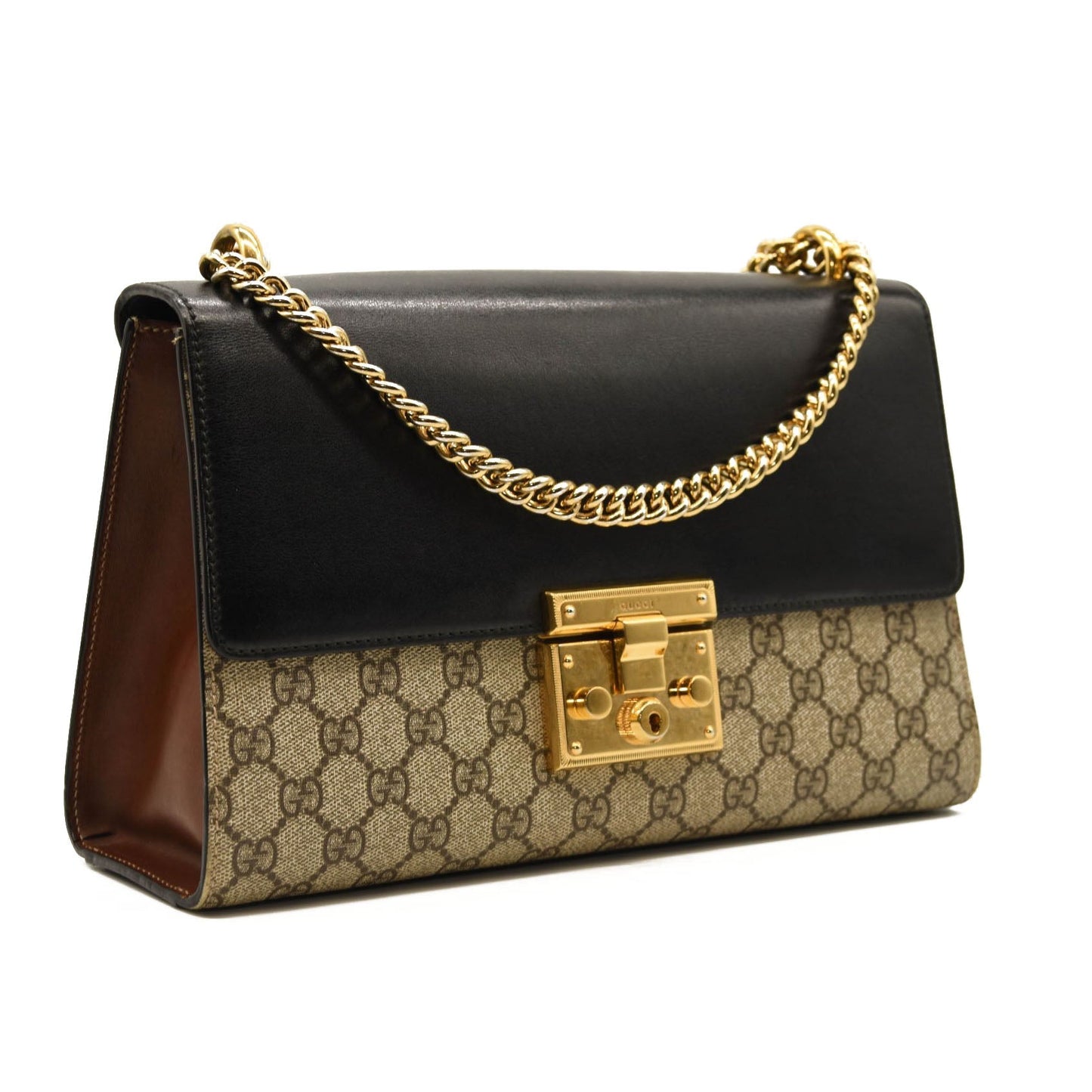 $1980 GUCCI GG Supreme Monogram Calfskin Medium Padlock Shoulder Bag Beige Black Cuir
