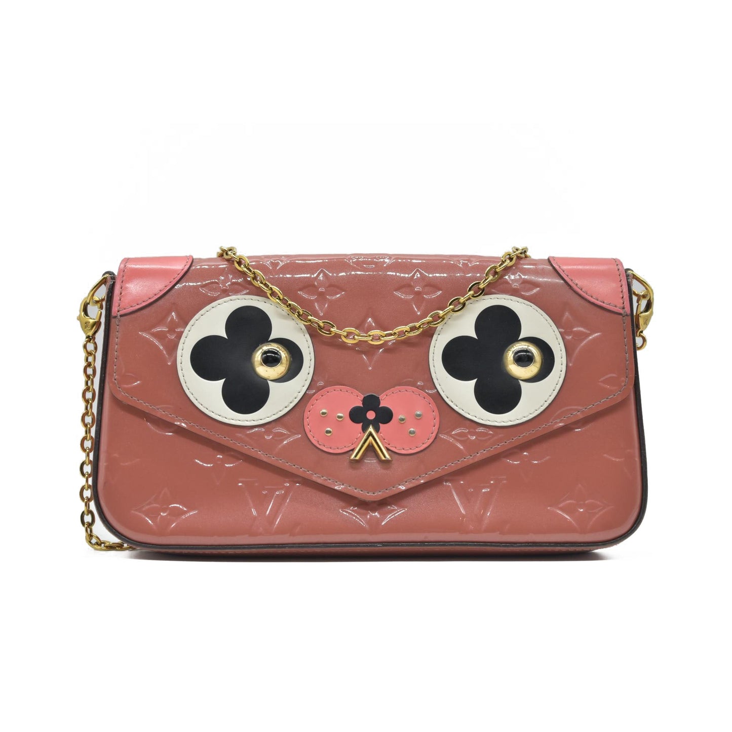 $1460 2018 Louis Vuitton Vernis Valentine Dog Pochette Felicie Chain Wallet Pink TJ0148