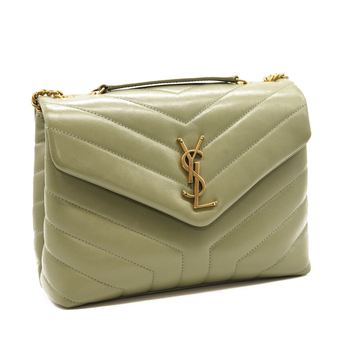 NEW $2990 SAINT LAURENT Calfskin Y Quilted Monogram Small Loulou Chain Satchel Green