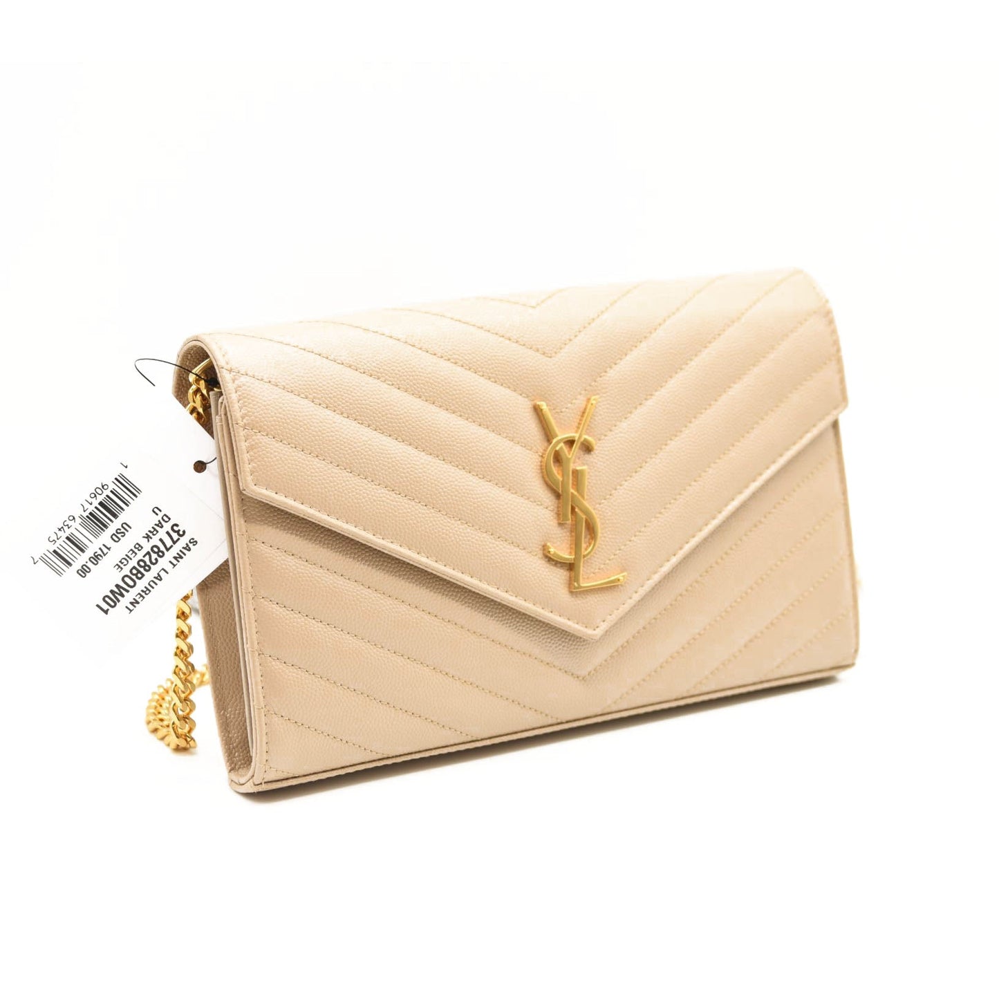 NEW SAINT LAURENT Grain De Poudre Matelasse Chevron Monogram Chain Wallet Dark Beige