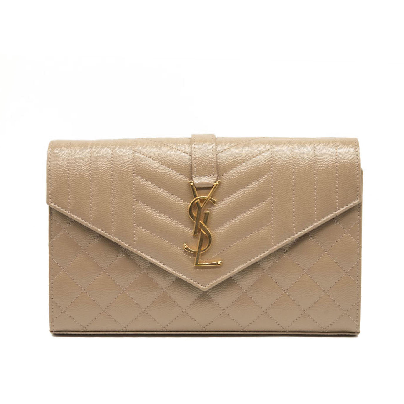 NEW SAINT LAURENT Grain De Poudre Mixed Matelasse Triquilt Monogram Chain Wallet Dark Beige