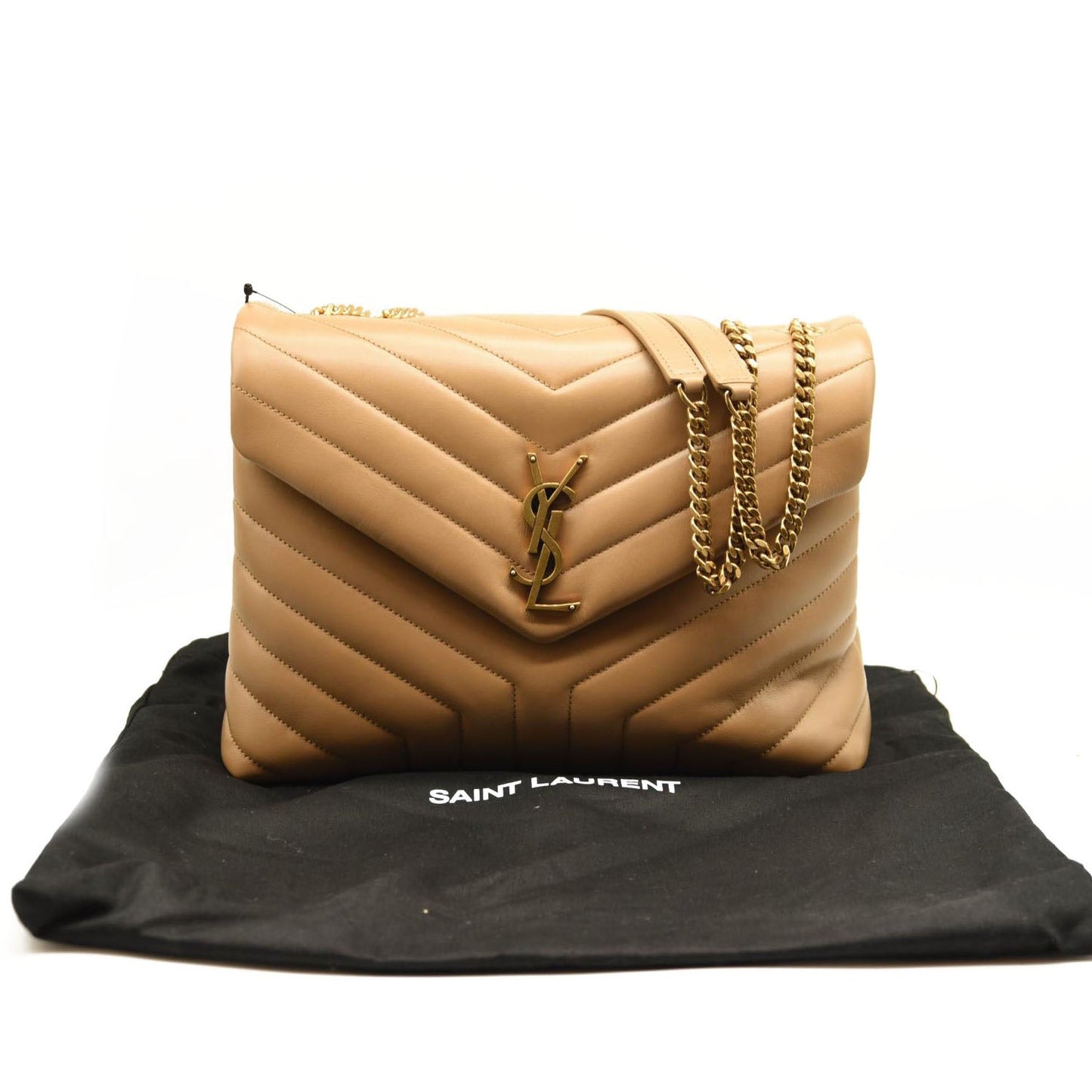 NEW SAINT LAURENT Calfskin Y Quilted Monogram Medium Loulou Chain Satchel Nude Powder