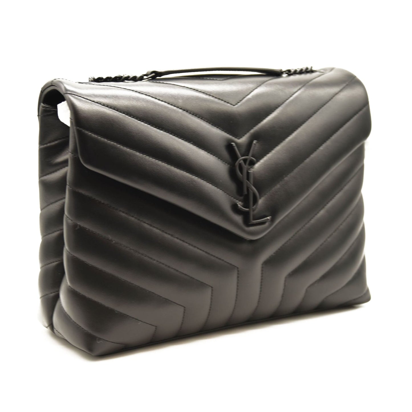 NEW SAINT LAURENT Calfskin Y Quilted Monogram Monochrome Medium Loulou Chain Satchel Black