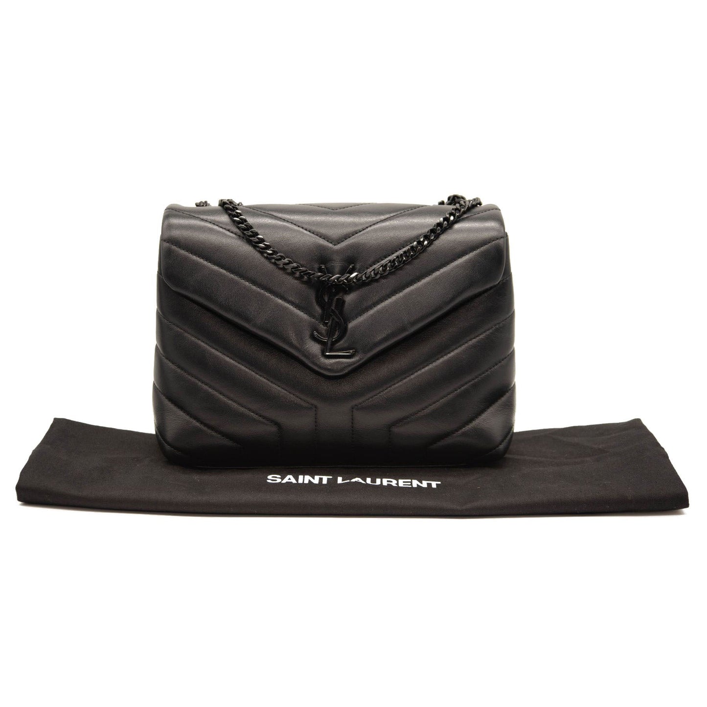 USED SAINT LAURENT Calfskin Y Quilted Monogram Monochrome Small Loulou Chain Satchel Black