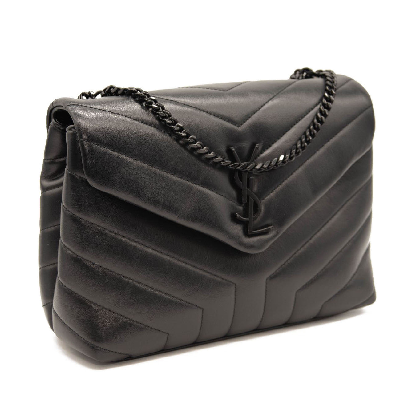 USED SAINT LAURENT Calfskin Y Quilted Monogram Monochrome Small Loulou Chain Satchel Black