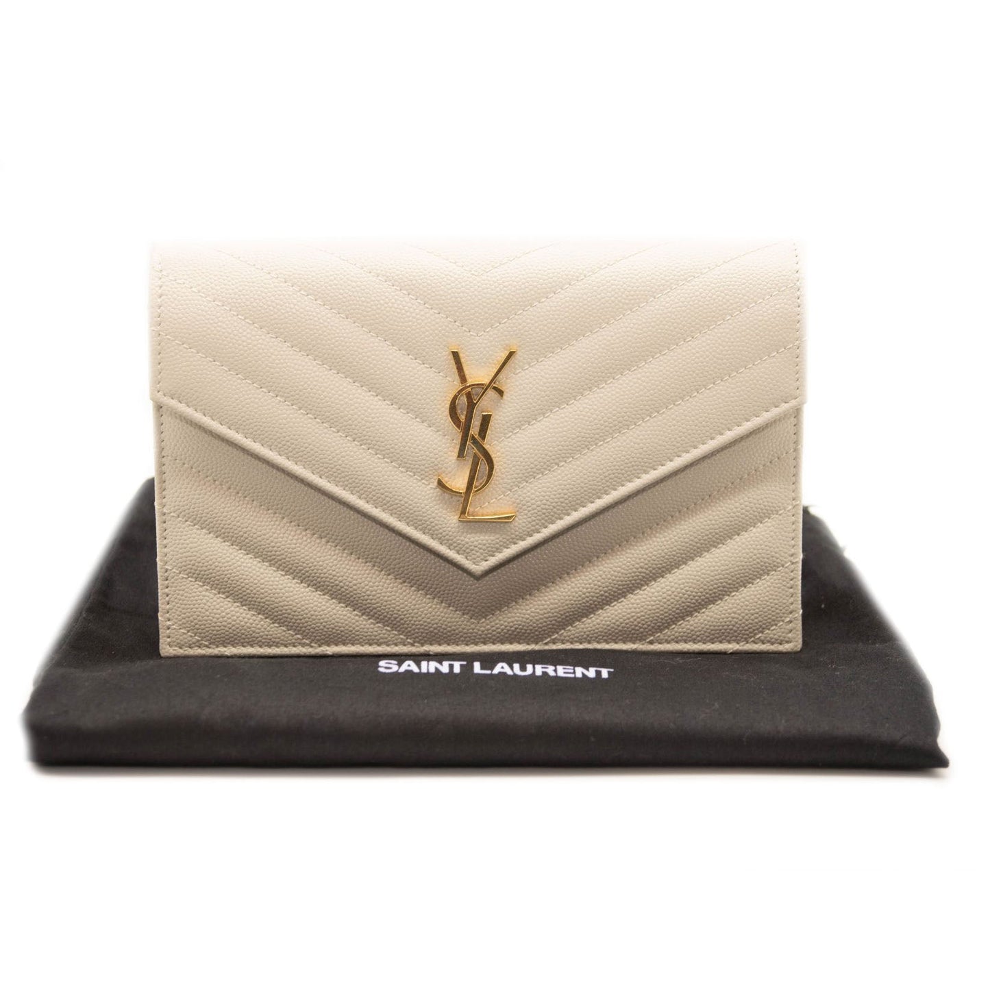 NEW SAINT LAURENT Grain De Poudre Matelasse Chevron Cassandre Envelope Chain Wallet Nude Powder