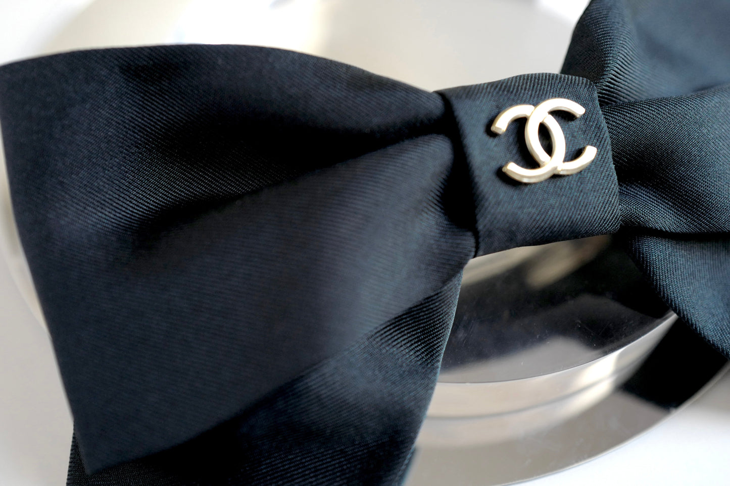 BNIB Chanel Hair Ribbon Silk Twill in Black Satin 24P with Gold CC Logo