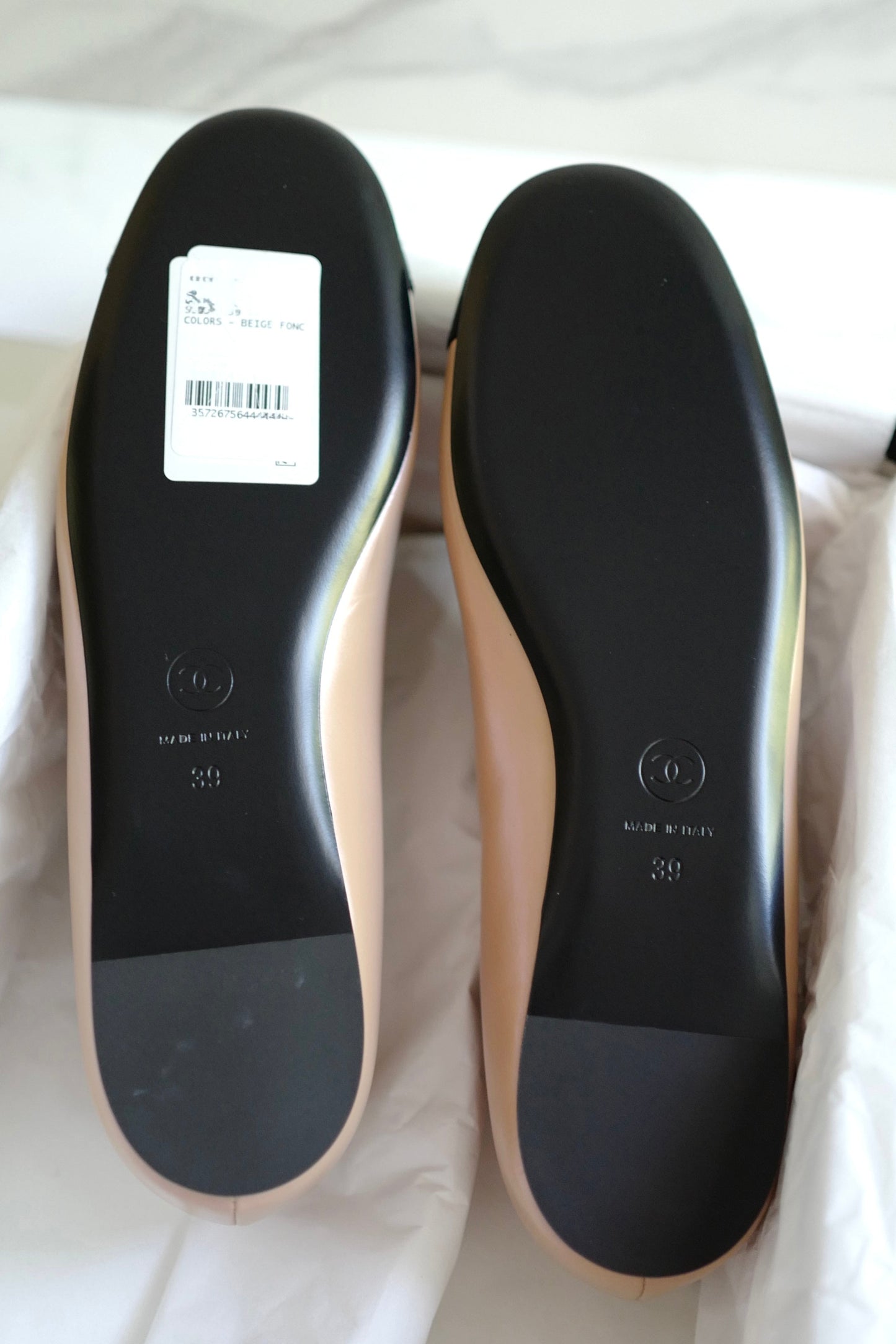 Chanel Lambskin Leather Mary Janes Flats Beige & Black With Straps Size 39