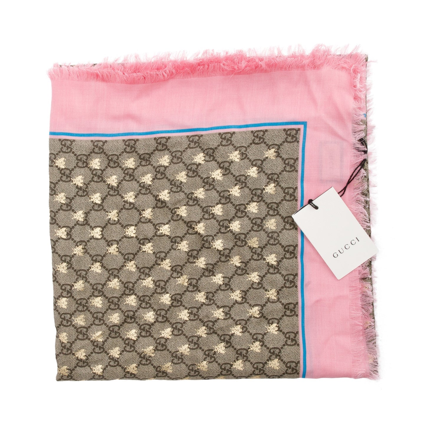 Gucci Beige/ Pink Jacquard GG Bees Silk Shawl Scarf