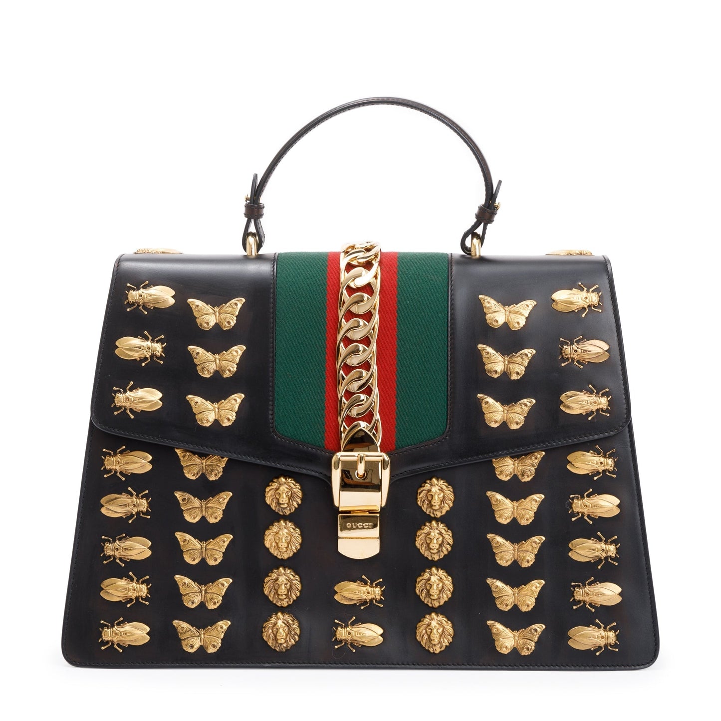 Gucci Black Calfskin Leather Animal Studs Maxi Sylvie Handle Bag