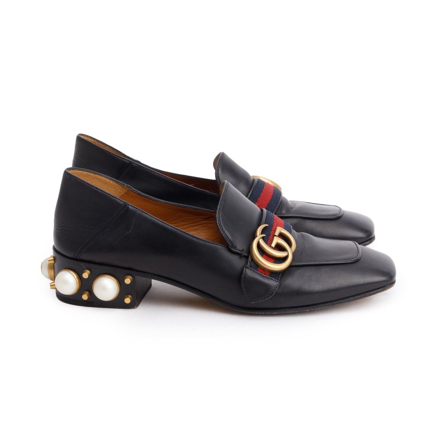 Gucci Black Leather Faux Pearl Studded Accent GG Web Pumps, Size 37.5