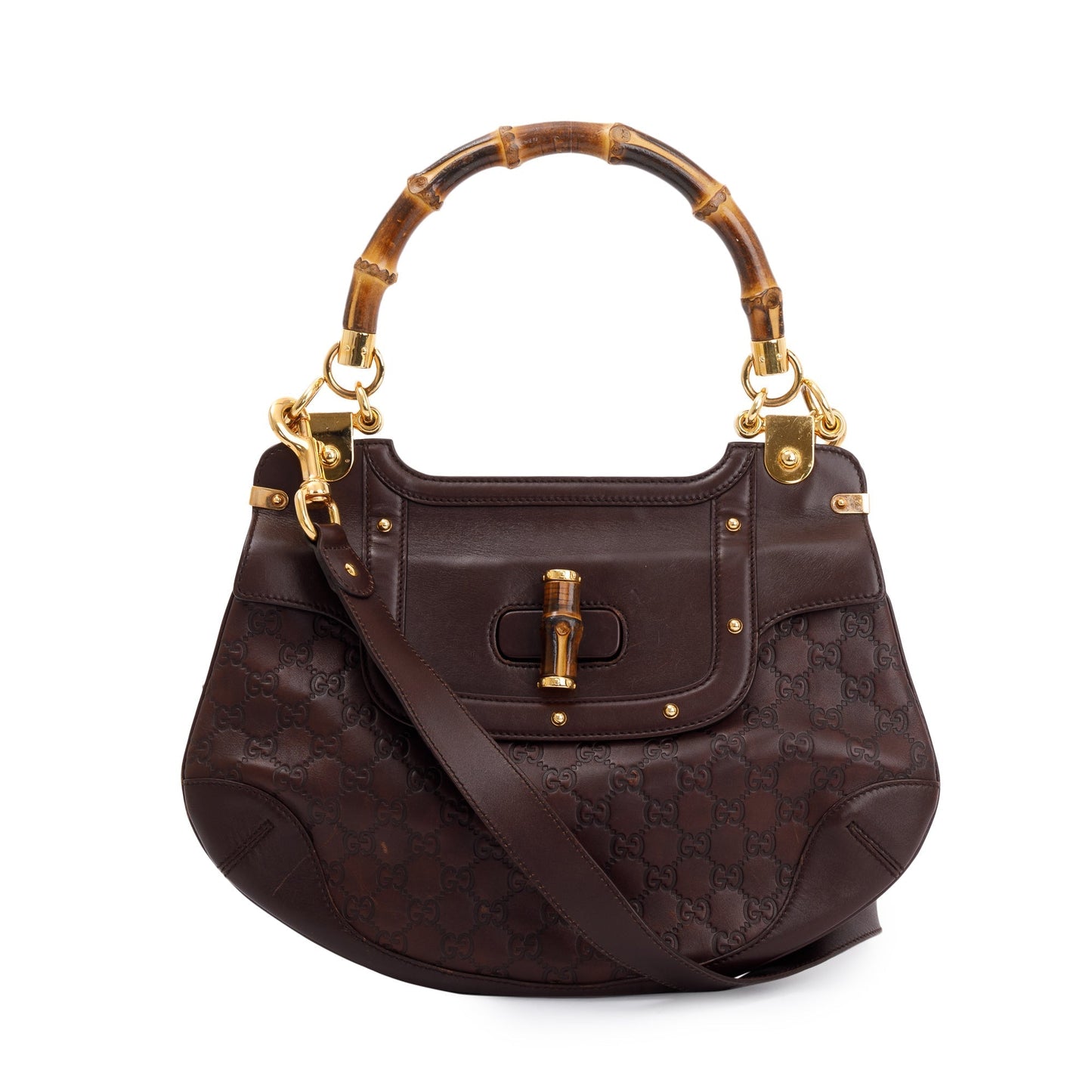 Gucci Brown Signature Leather  Peggy Bamboo Top Handle Bag