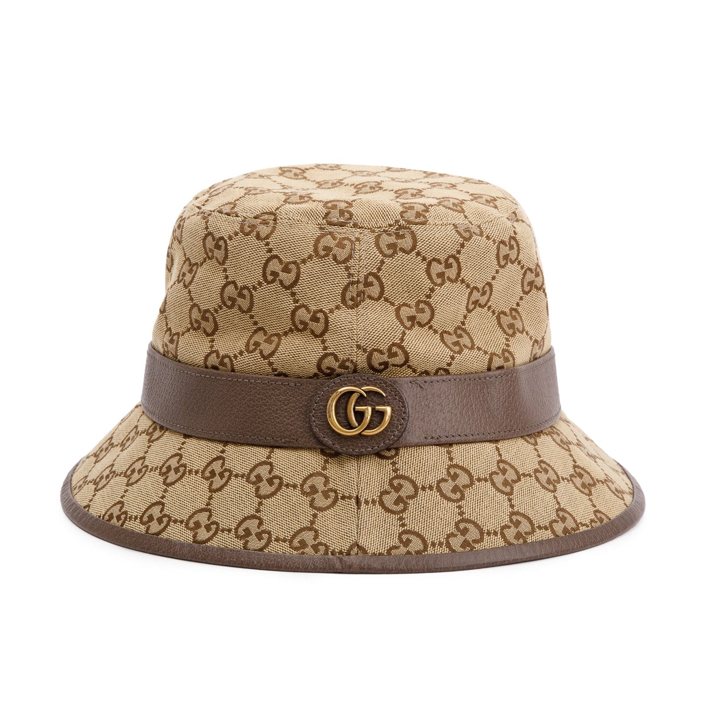 Gucci GG Canvas Brown Leather Bucket Hat with Web, Size M 58