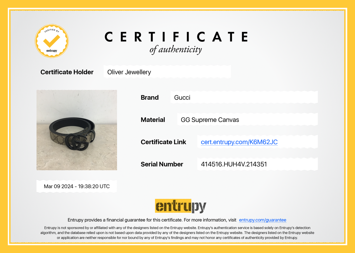 Gucci GG Supreme Belt with Black Ceramic Double G Buckle, 110 44