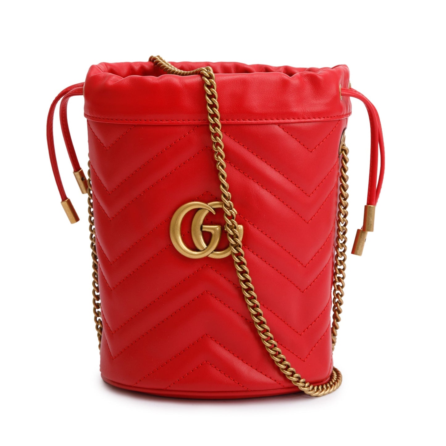 Gucci Red Calfskin Leather GG Marmont Mini Bucket Bag