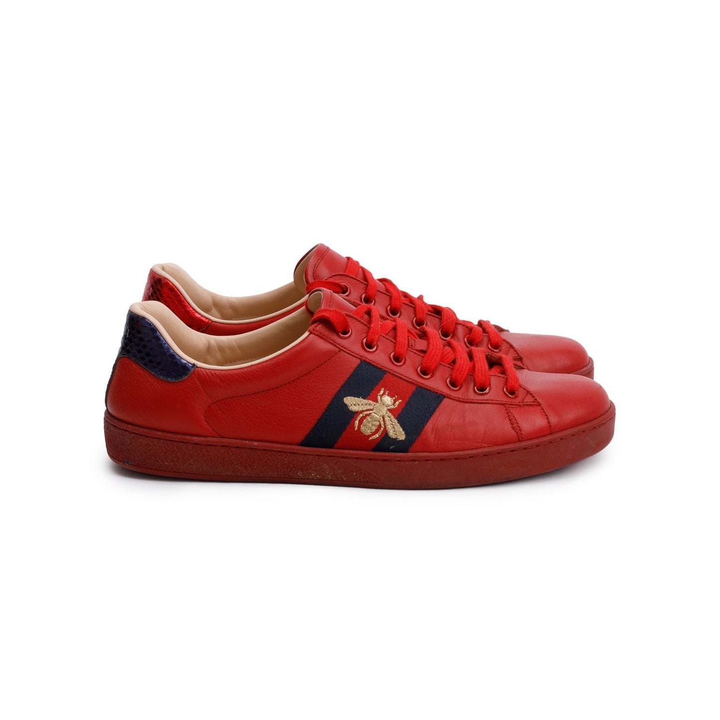Gucci Red Leather Web Bee Embroidered Ace Sneakers, Size 8.5