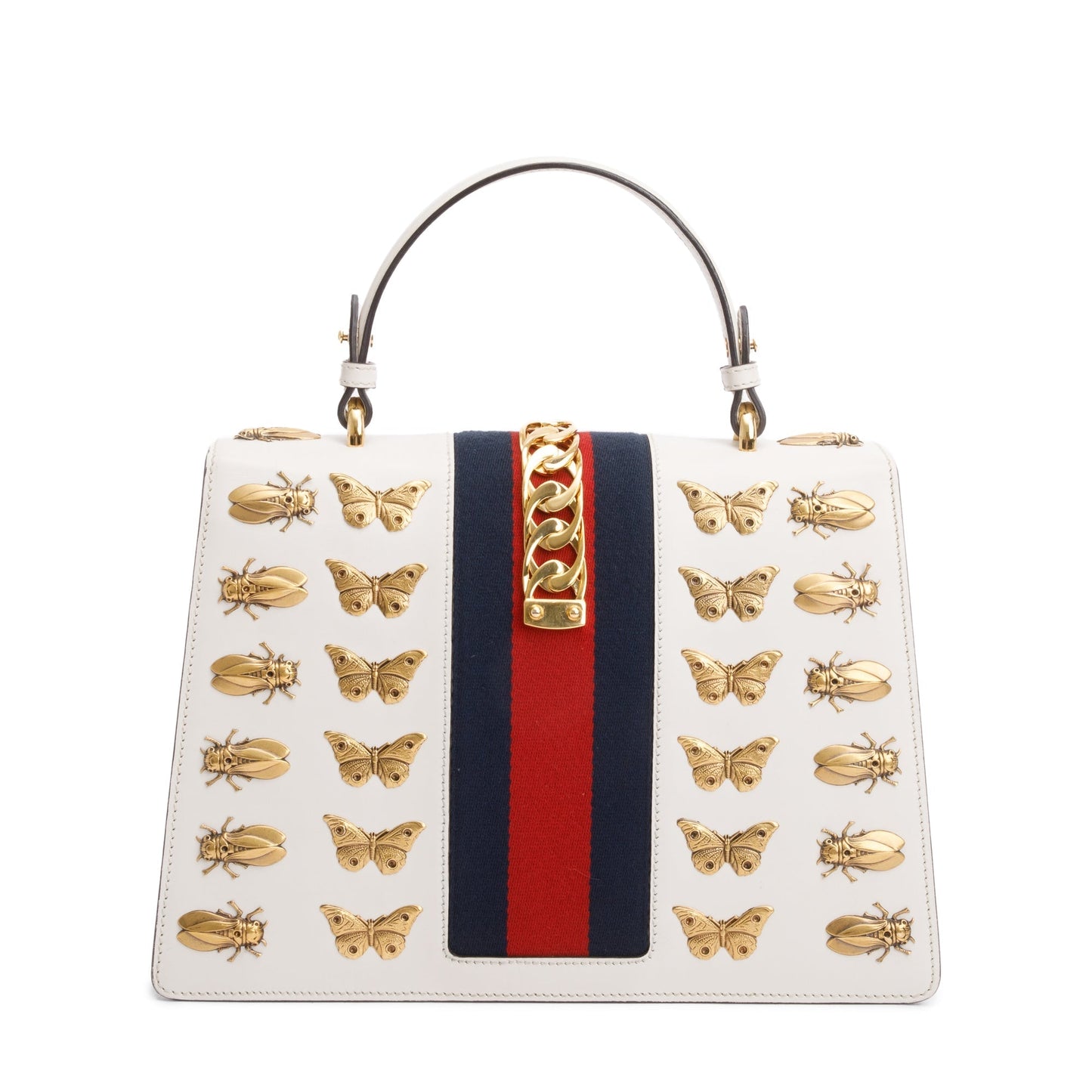 Gucci White Calfskin Leather Animal Studs Medium Sylvie Handle Bag
