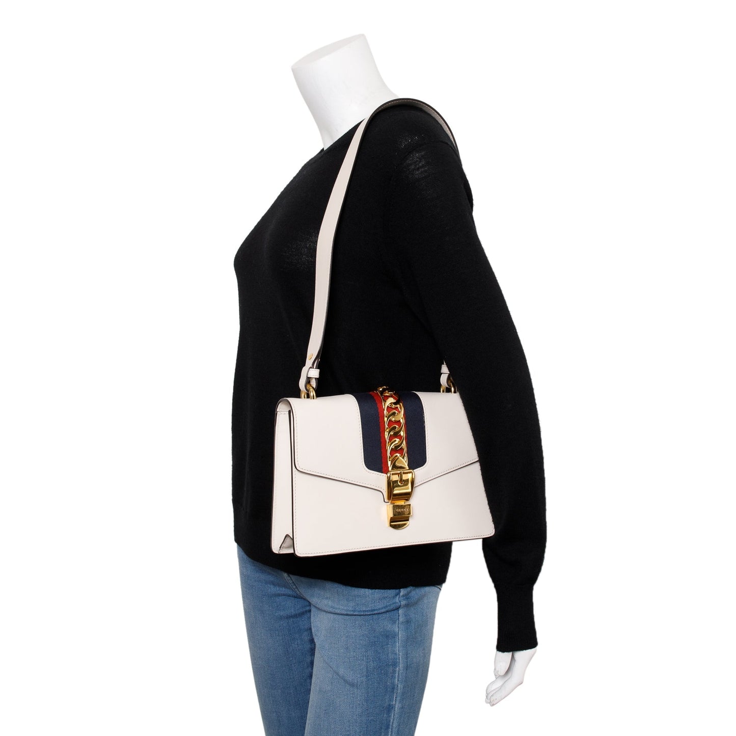 Gucci White Calfskin Leather Small Sylvie Handle Bag