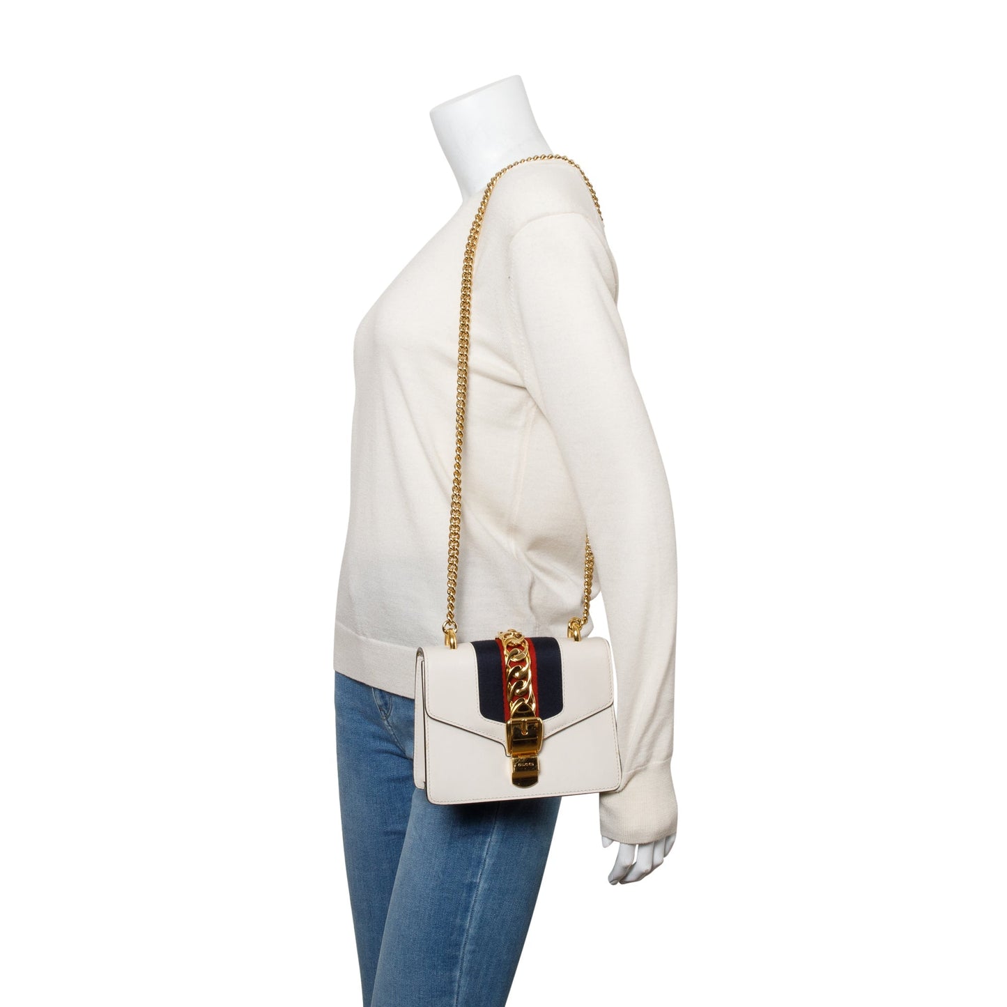 Gucci White Calfskin Leather Web Mini Sylvie Chain Shoulder Bag