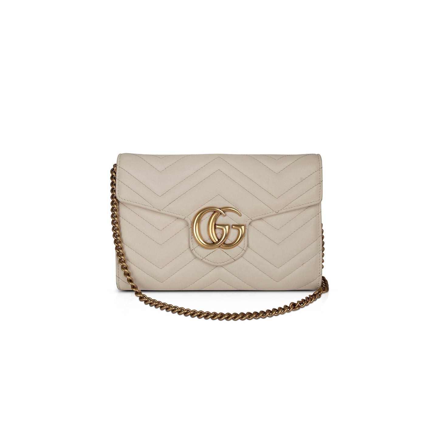 Gucci White Calfskin Matelasse Marmont Chain Wallet