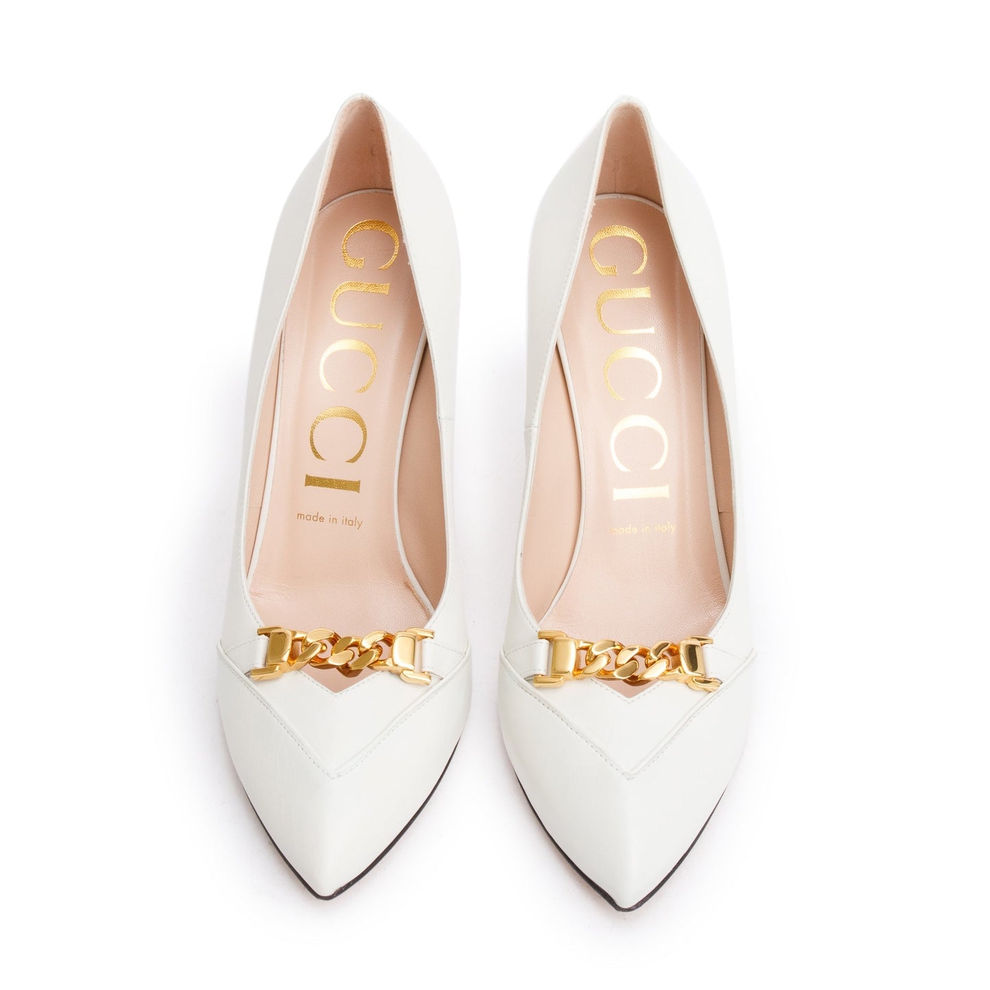 Gucci White Leather Chain Link Accent Pumps, Size 38.5