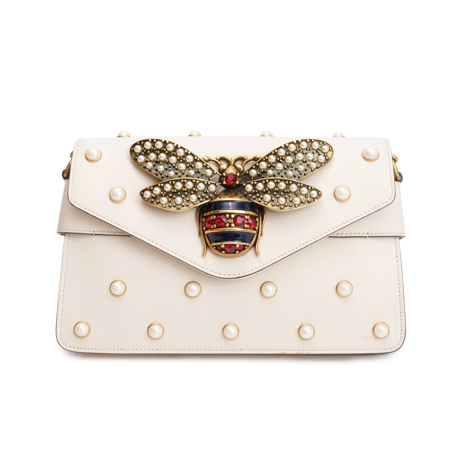 Gucci White Nappa Pearl Studded Mini Queen Margaret Broadway Shoulder Bag