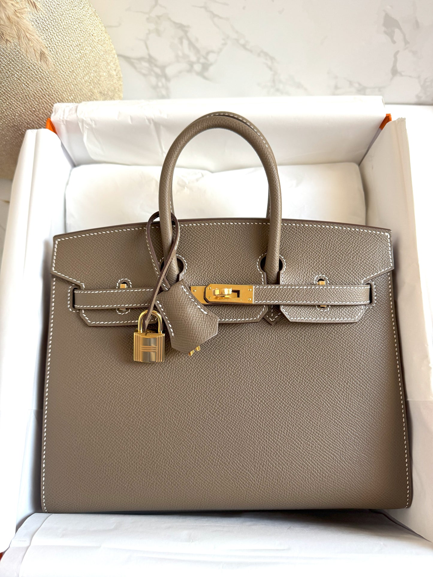 Hermes Birkin 25 Etoupe Epsom Sellier Gold Hardware  K Complete Original Receipt
